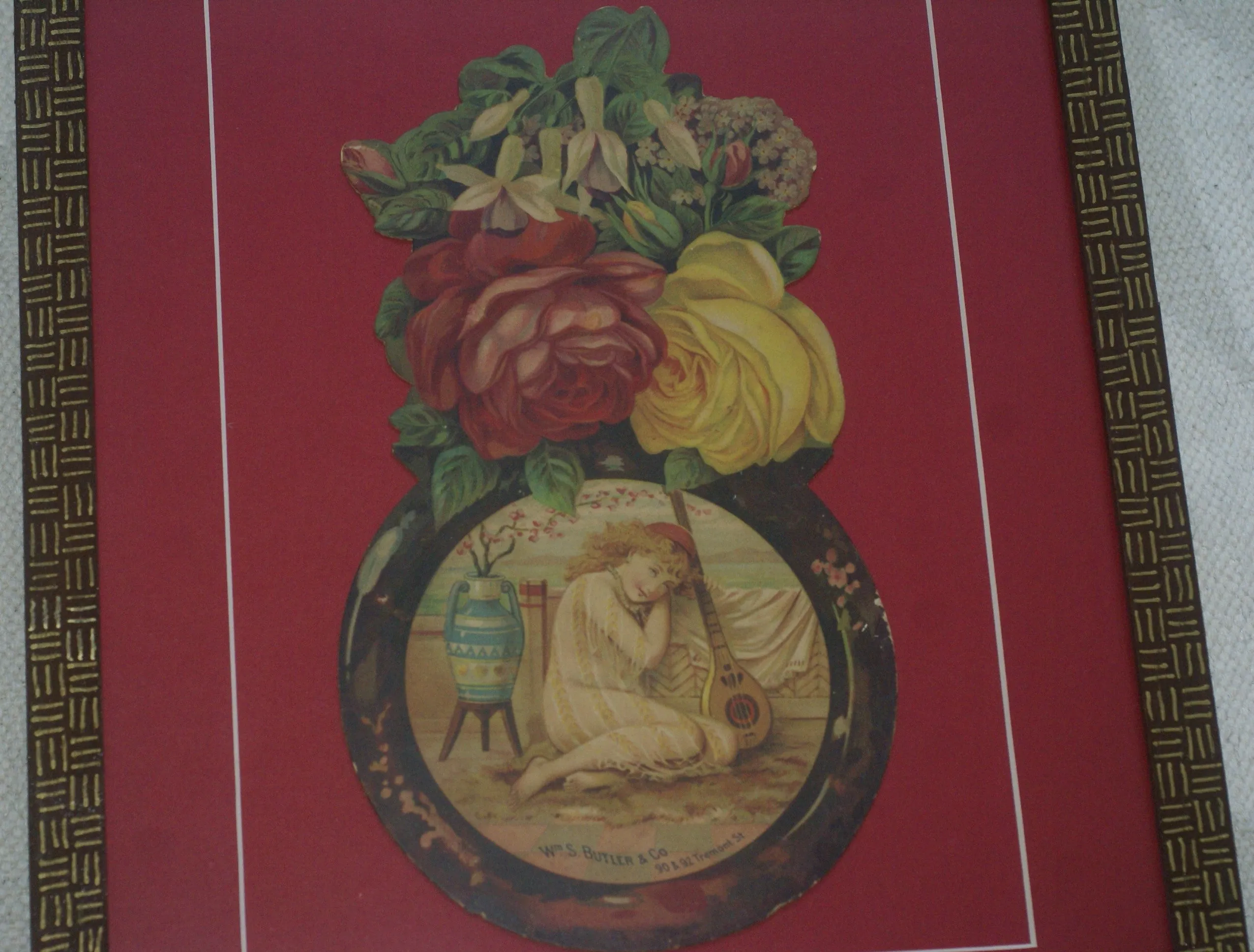 RARE EPHEMERA AMERICANA ANTIQUE WHIMSICAL ART, FRAMED ORIGINAL 1880 LARGE VICTORIAN TRADE CARD AD EPHEMERA SUPERB DIE-CUT, ITEM DFPO2Y, HAND PAINTED DETAILED FRAME, 2 RED MATS 15" x 12 1/2” DESIGNER COLLECTOR PRECIOUS COLLECTIBLE
