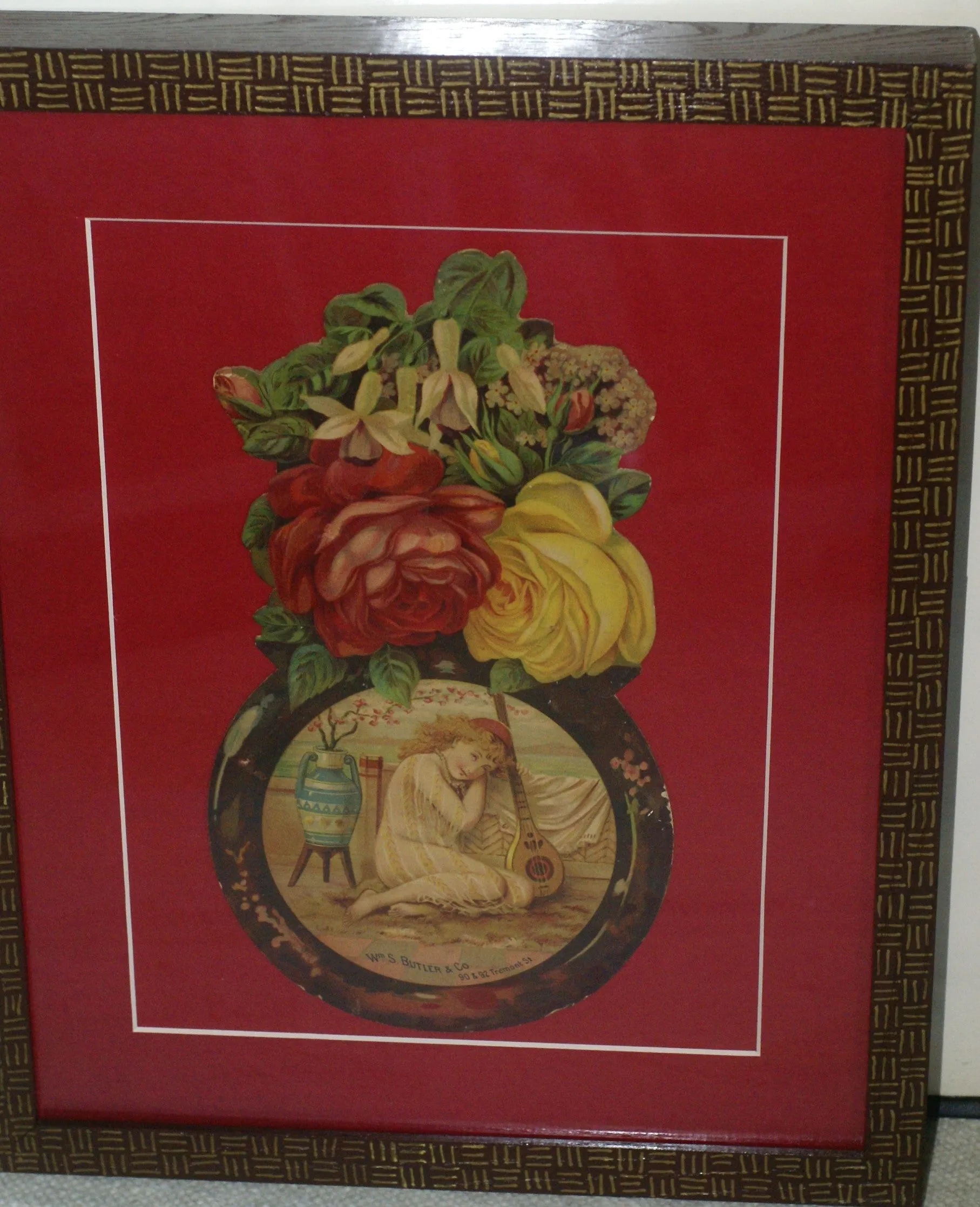 RARE EPHEMERA AMERICANA ANTIQUE WHIMSICAL ART, FRAMED ORIGINAL 1880 LARGE VICTORIAN TRADE CARD AD EPHEMERA SUPERB DIE-CUT, ITEM DFPO2Y, HAND PAINTED DETAILED FRAME, 2 RED MATS 15" x 12 1/2” DESIGNER COLLECTOR PRECIOUS COLLECTIBLE