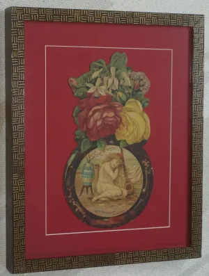RARE EPHEMERA AMERICANA ANTIQUE WHIMSICAL ART, FRAMED ORIGINAL 1880 LARGE VICTORIAN TRADE CARD AD EPHEMERA SUPERB DIE-CUT, ITEM DFPO2Y, HAND PAINTED DETAILED FRAME, 2 RED MATS 15" x 12 1/2” DESIGNER COLLECTOR PRECIOUS COLLECTIBLE