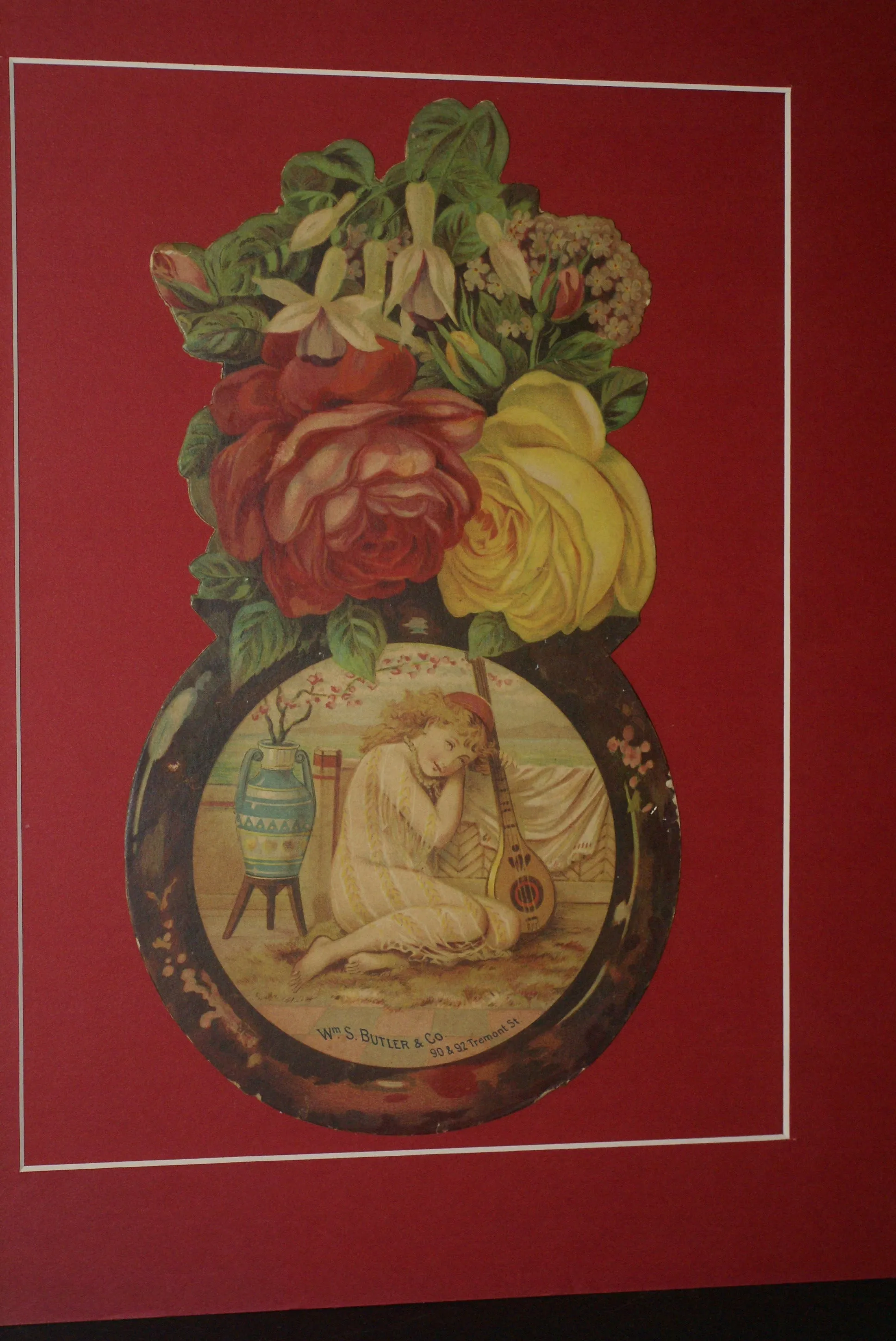 RARE EPHEMERA AMERICANA ANTIQUE WHIMSICAL ART, FRAMED ORIGINAL 1880 LARGE VICTORIAN TRADE CARD AD EPHEMERA SUPERB DIE-CUT, ITEM DFPO2Y, HAND PAINTED DETAILED FRAME, 2 RED MATS 15" x 12 1/2” DESIGNER COLLECTOR PRECIOUS COLLECTIBLE