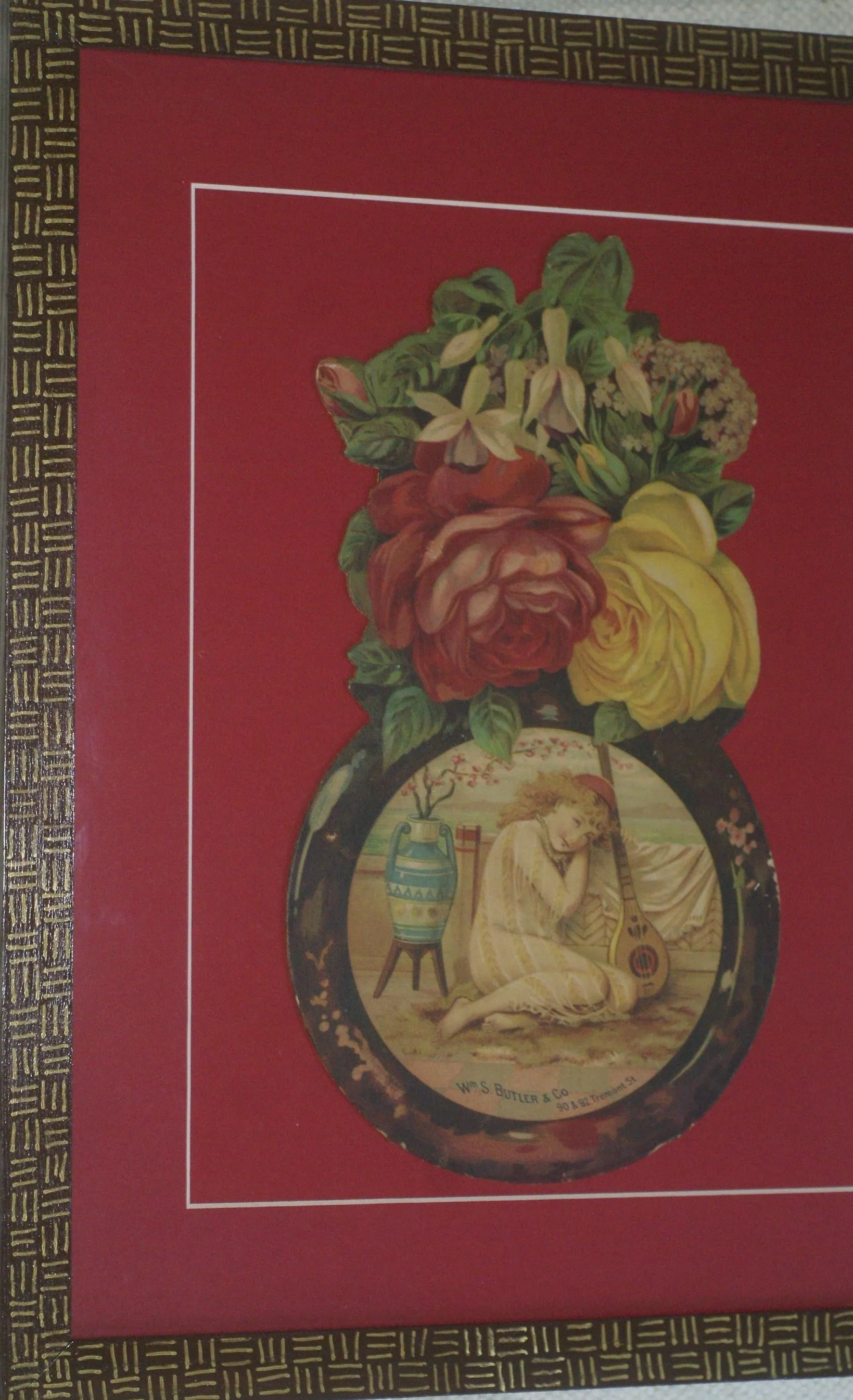 RARE EPHEMERA AMERICANA ANTIQUE WHIMSICAL ART, FRAMED ORIGINAL 1880 LARGE VICTORIAN TRADE CARD AD EPHEMERA SUPERB DIE-CUT, ITEM DFPO2Y, HAND PAINTED DETAILED FRAME, 2 RED MATS 15" x 12 1/2” DESIGNER COLLECTOR PRECIOUS COLLECTIBLE