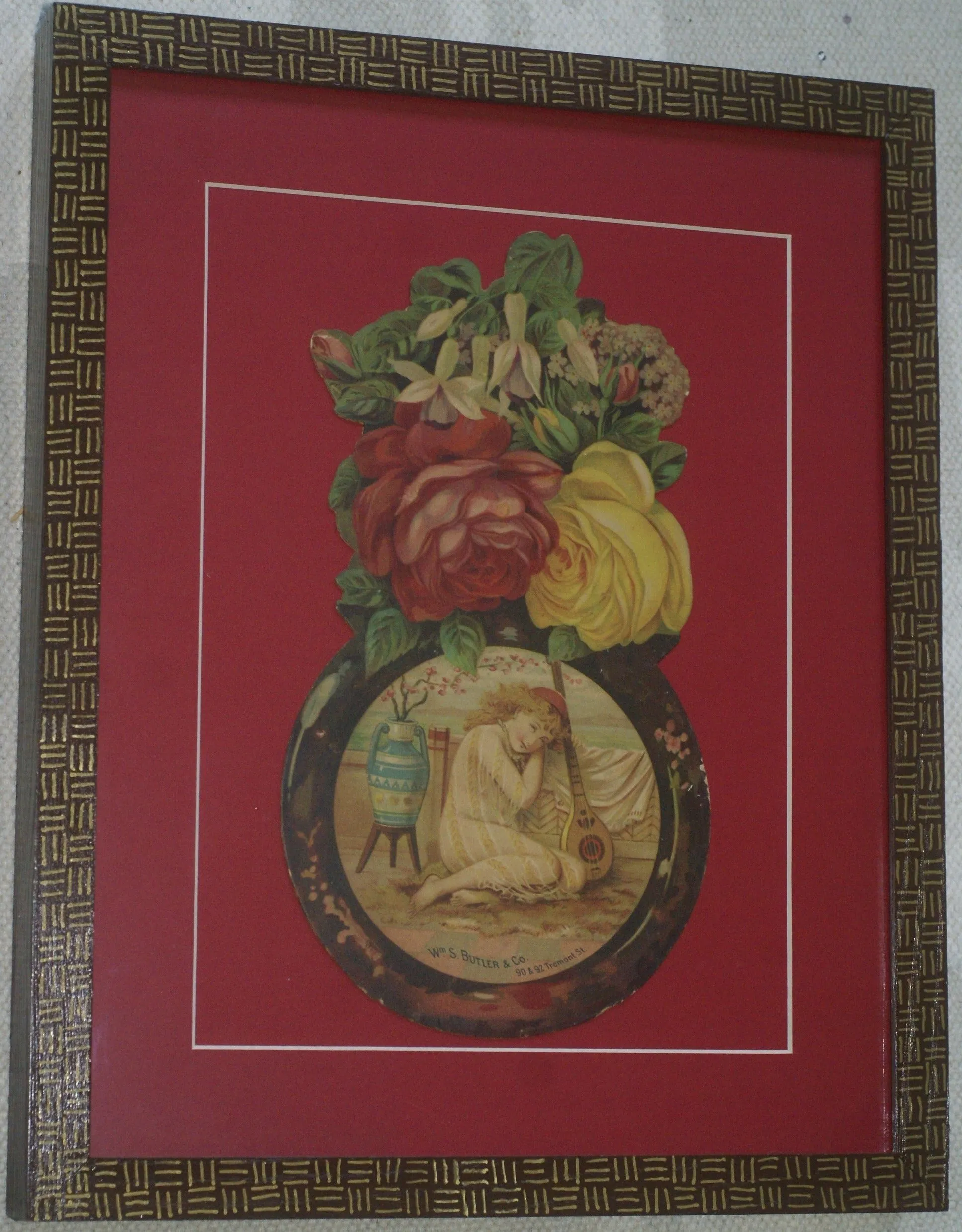 RARE EPHEMERA AMERICANA ANTIQUE WHIMSICAL ART, FRAMED ORIGINAL 1880 LARGE VICTORIAN TRADE CARD AD EPHEMERA SUPERB DIE-CUT, ITEM DFPO2Y, HAND PAINTED DETAILED FRAME, 2 RED MATS 15" x 12 1/2” DESIGNER COLLECTOR PRECIOUS COLLECTIBLE