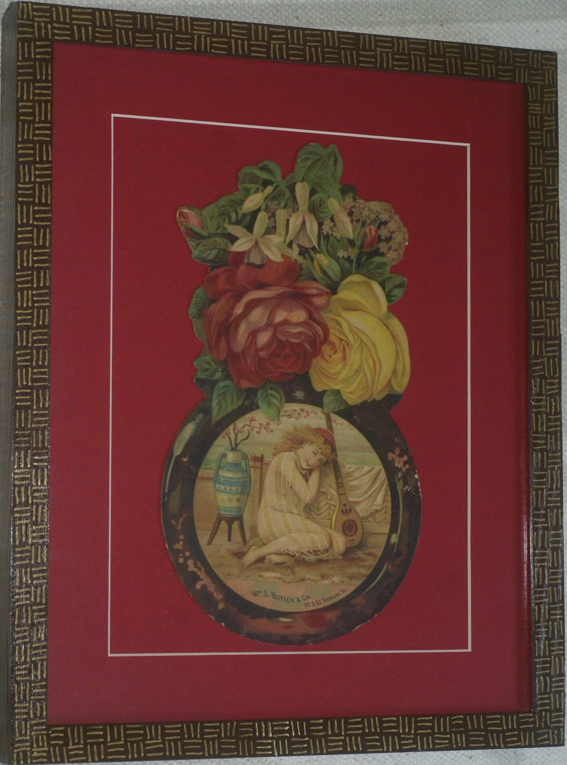 RARE EPHEMERA AMERICANA ANTIQUE WHIMSICAL ART, FRAMED ORIGINAL 1880 LARGE VICTORIAN TRADE CARD AD EPHEMERA SUPERB DIE-CUT, ITEM DFPO2Y, HAND PAINTED DETAILED FRAME, 2 RED MATS 15" x 12 1/2” DESIGNER COLLECTOR PRECIOUS COLLECTIBLE