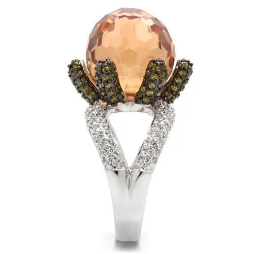 Rhodium   Ruthenium Brass Ring with AAA Grade CZ in Champagne for Women Style 0W021