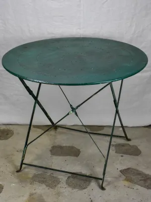 Round antique French folding garden table with green paint finish