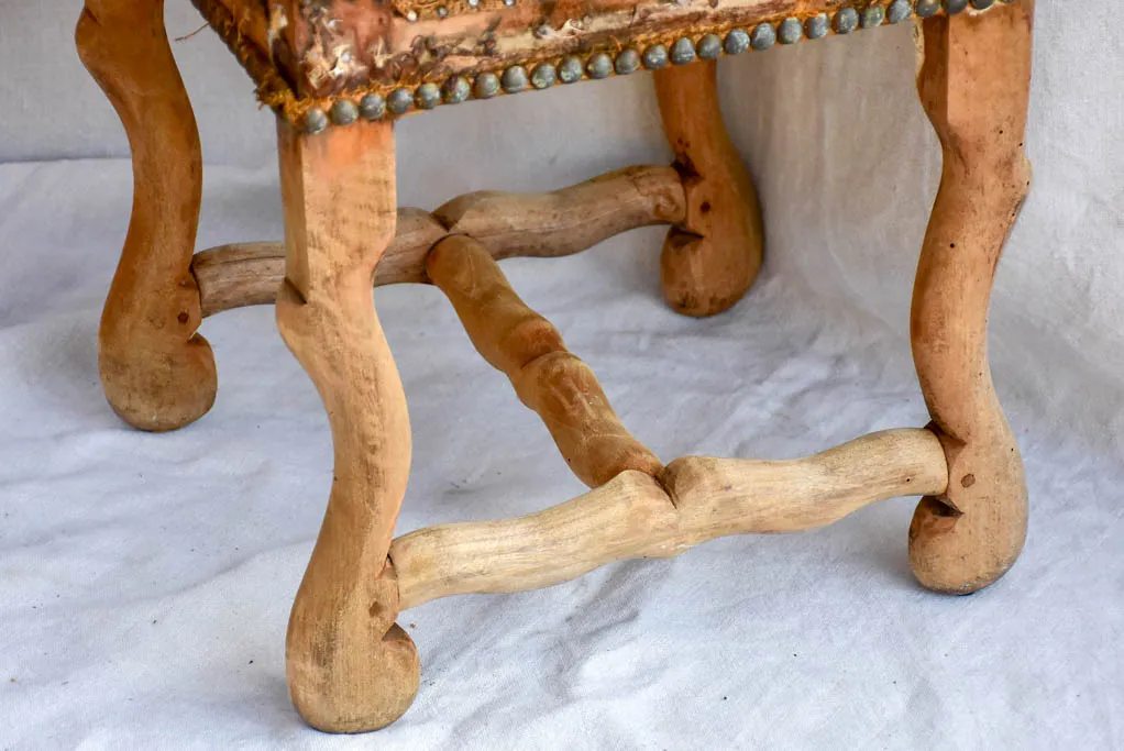 Rustic antique French stool with jute upholstery