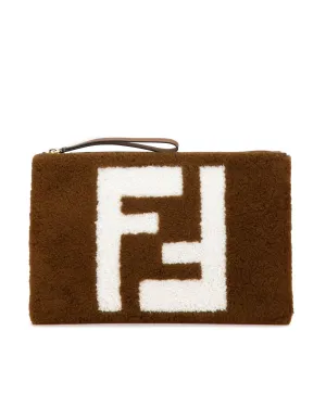 Shearling Flat Pouch with Leather Wrist Strap and Zip Closure
