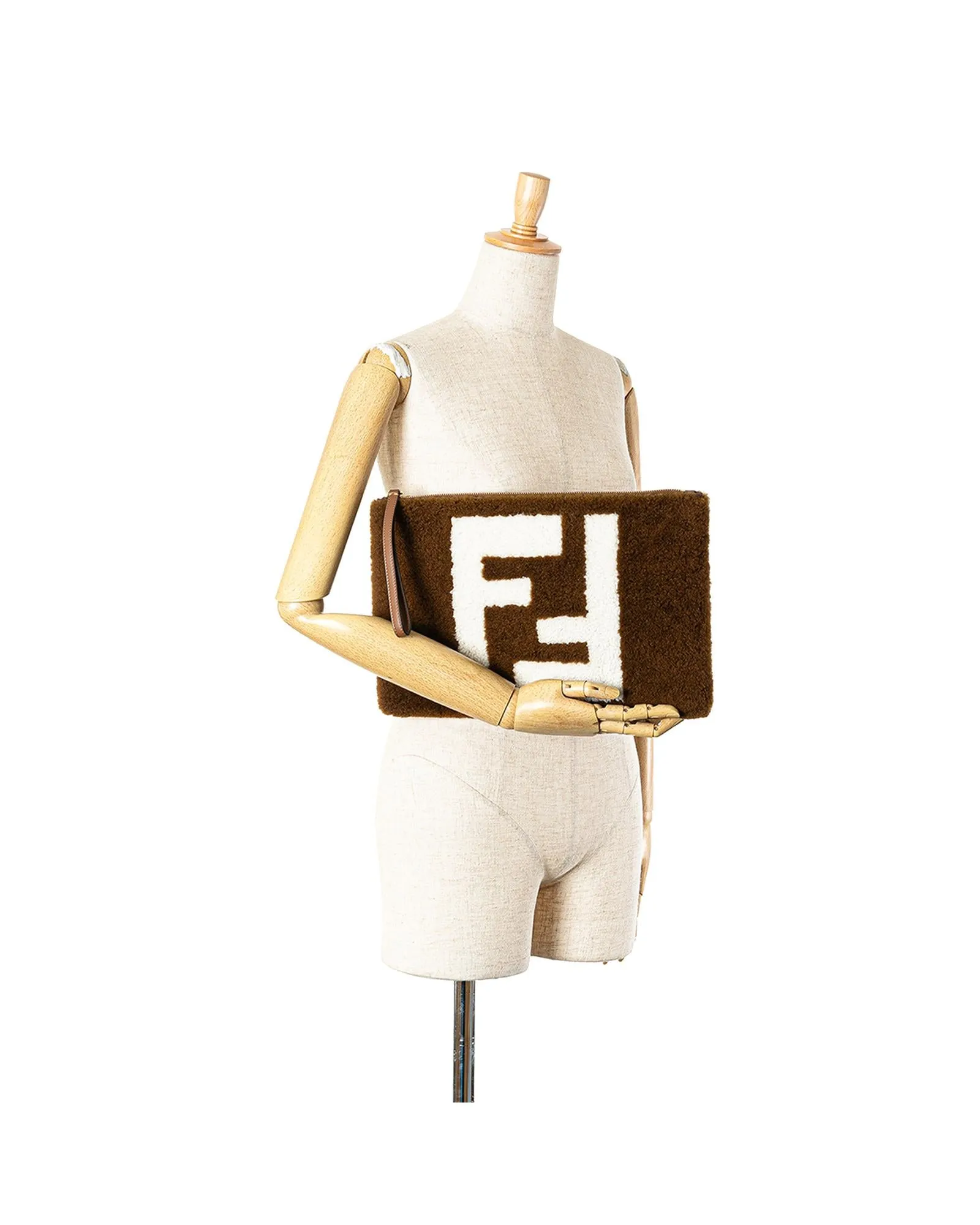 Shearling Flat Pouch with Leather Wrist Strap and Zip Closure