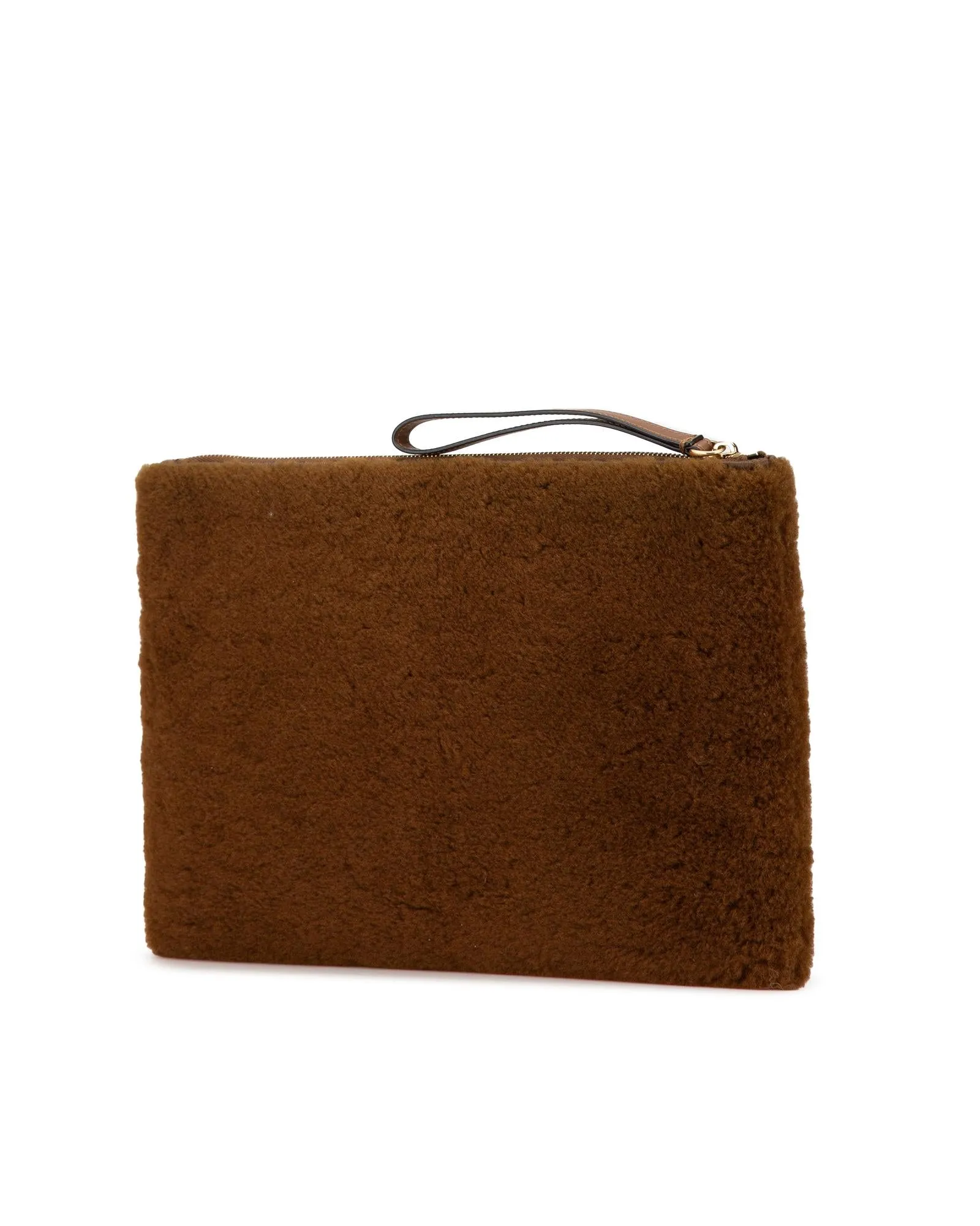 Shearling Flat Pouch with Leather Wrist Strap and Zip Closure