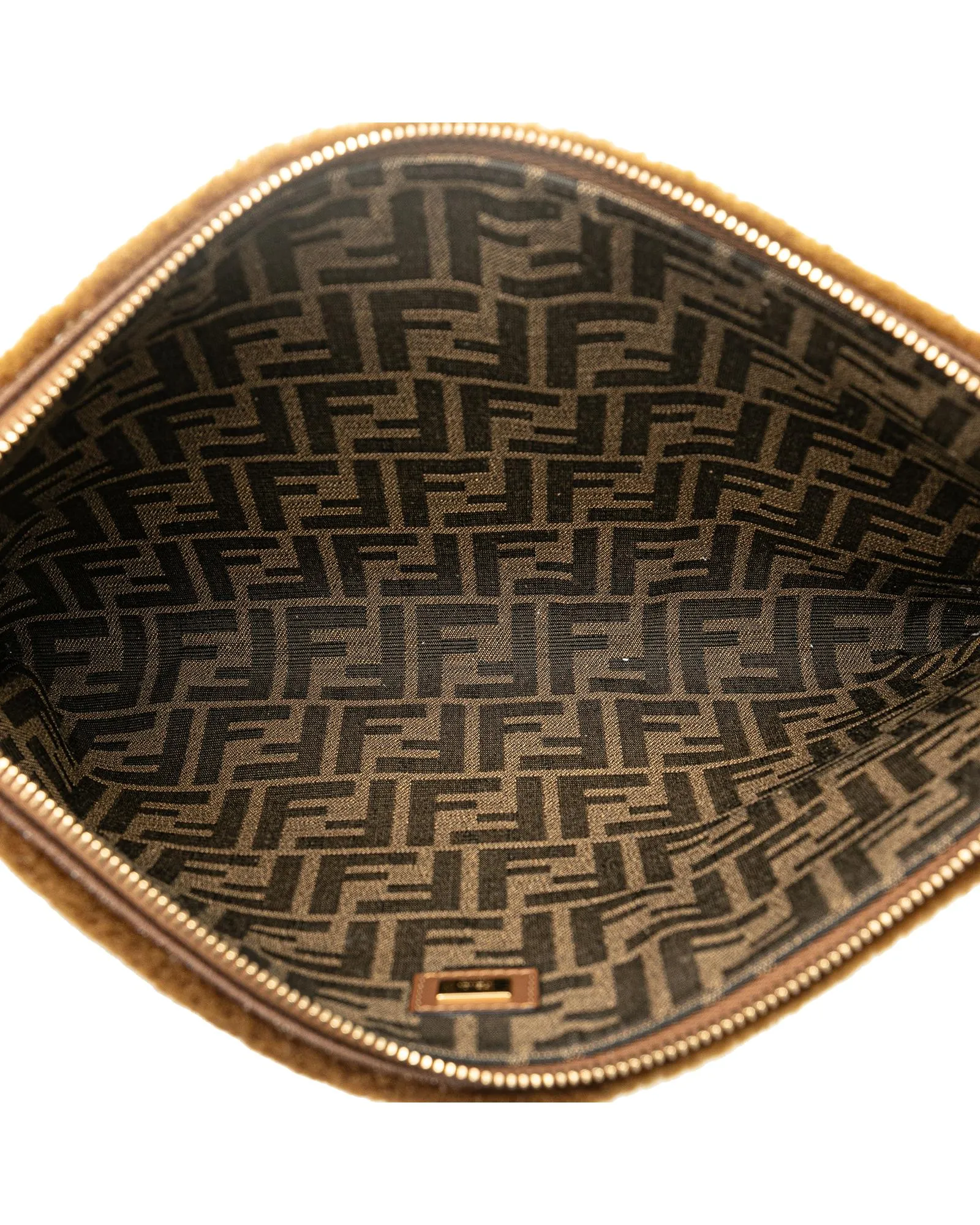 Shearling Flat Pouch with Leather Wrist Strap and Zip Closure
