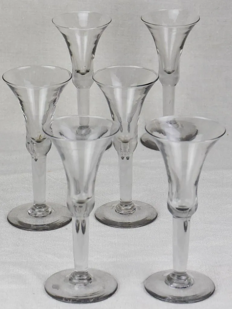 Six antique French wine glasses - hand blown