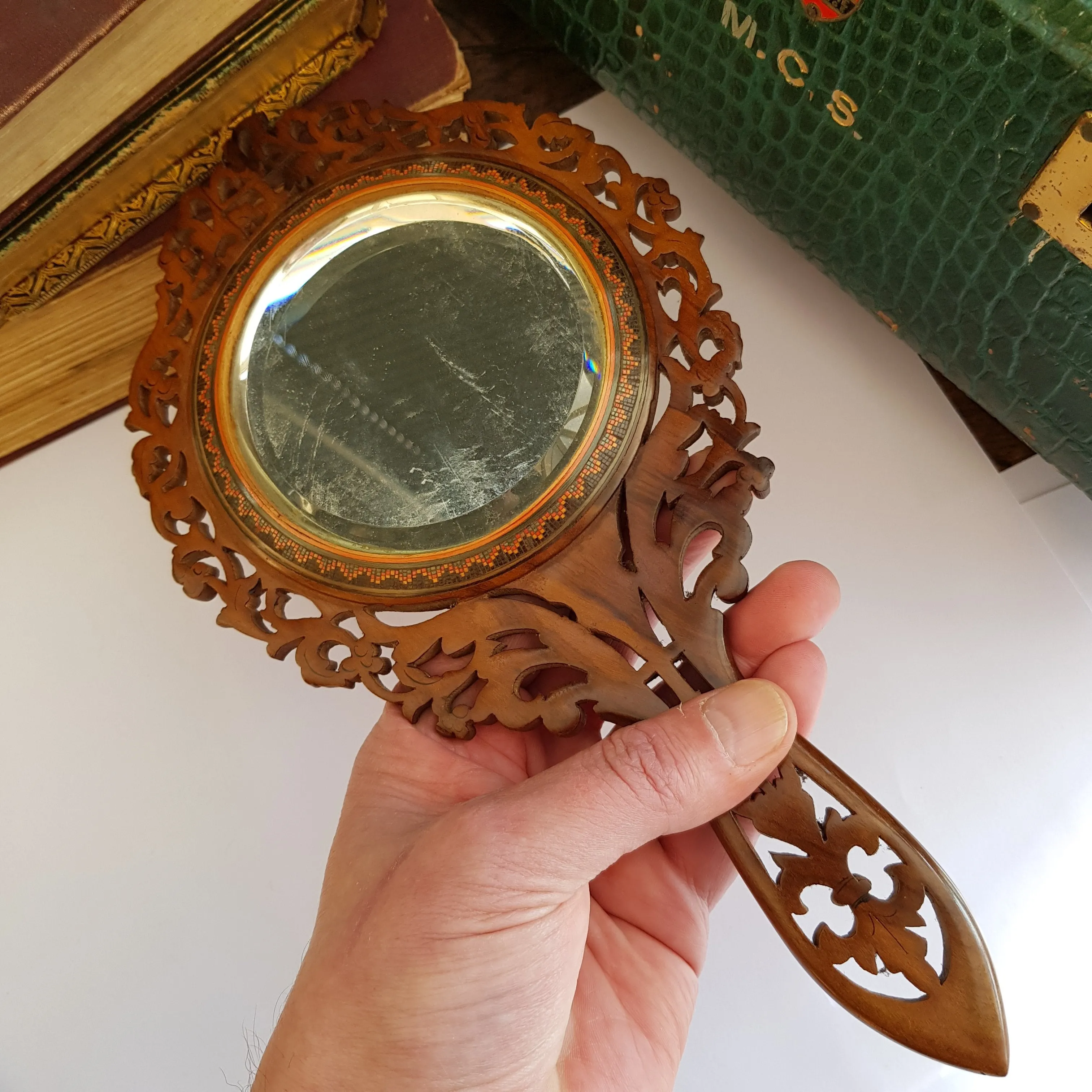 Superb Inlaid Carved Olivewood Sorrento Hand Mirror Antique Italy circa 1900
