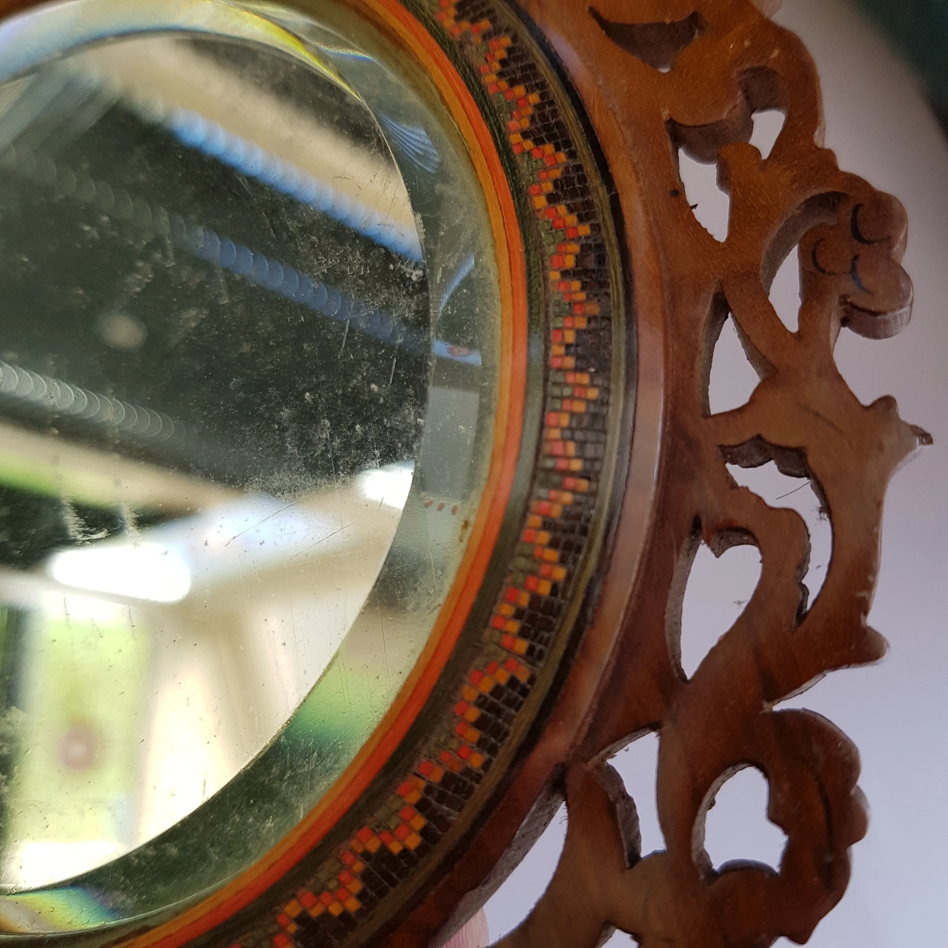 Superb Inlaid Carved Olivewood Sorrento Hand Mirror Antique Italy circa 1900