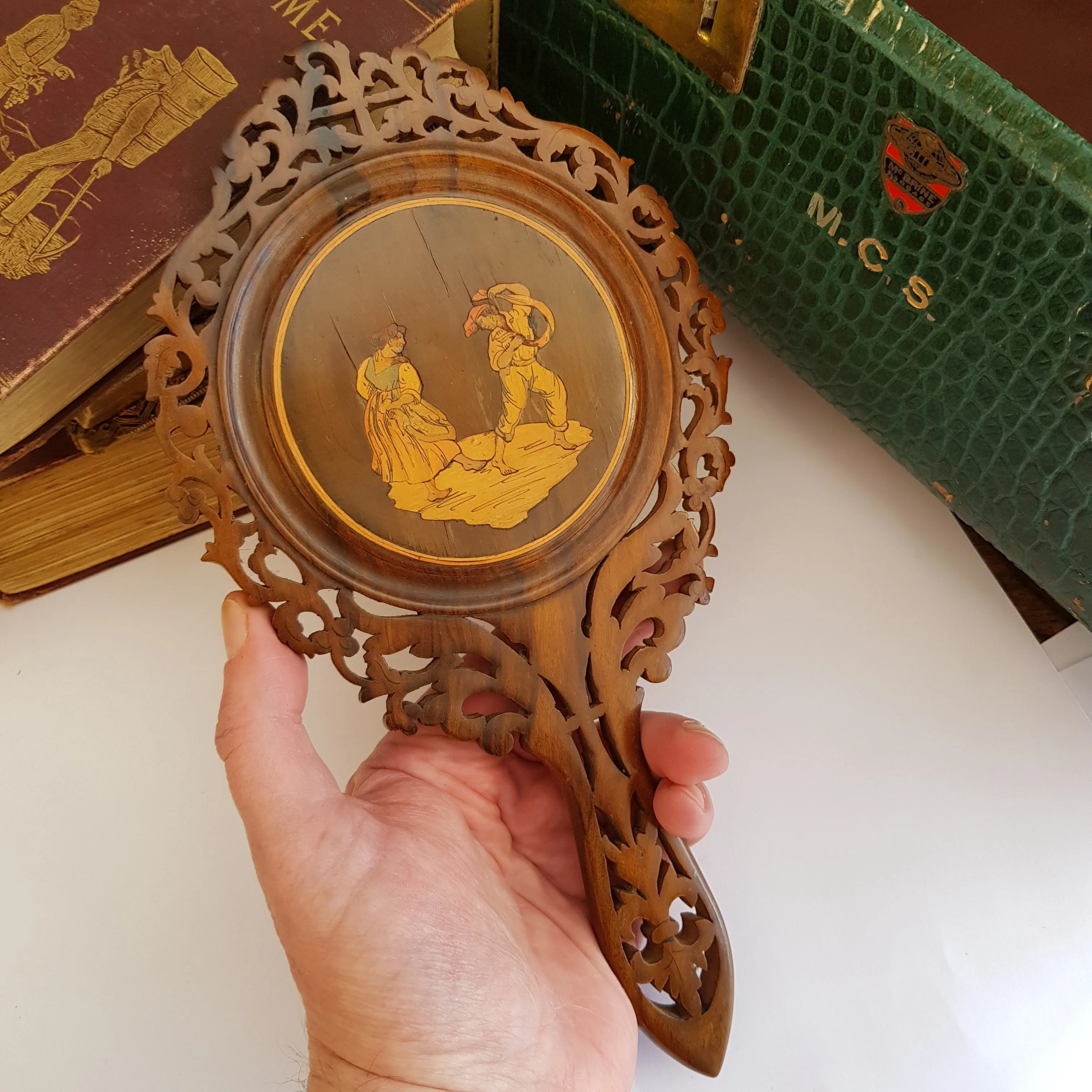 Superb Inlaid Carved Olivewood Sorrento Hand Mirror Antique Italy circa 1900