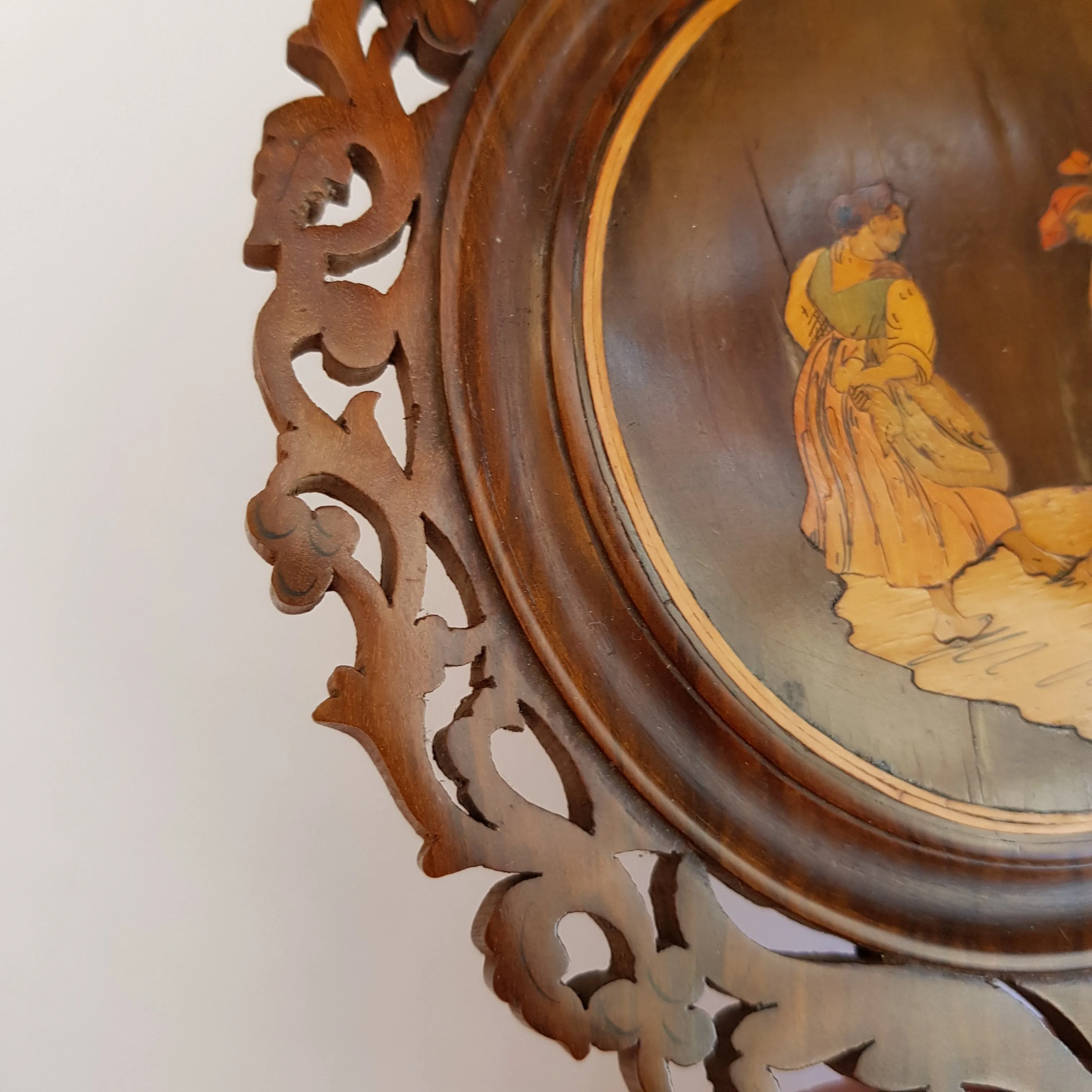 Superb Inlaid Carved Olivewood Sorrento Hand Mirror Antique Italy circa 1900