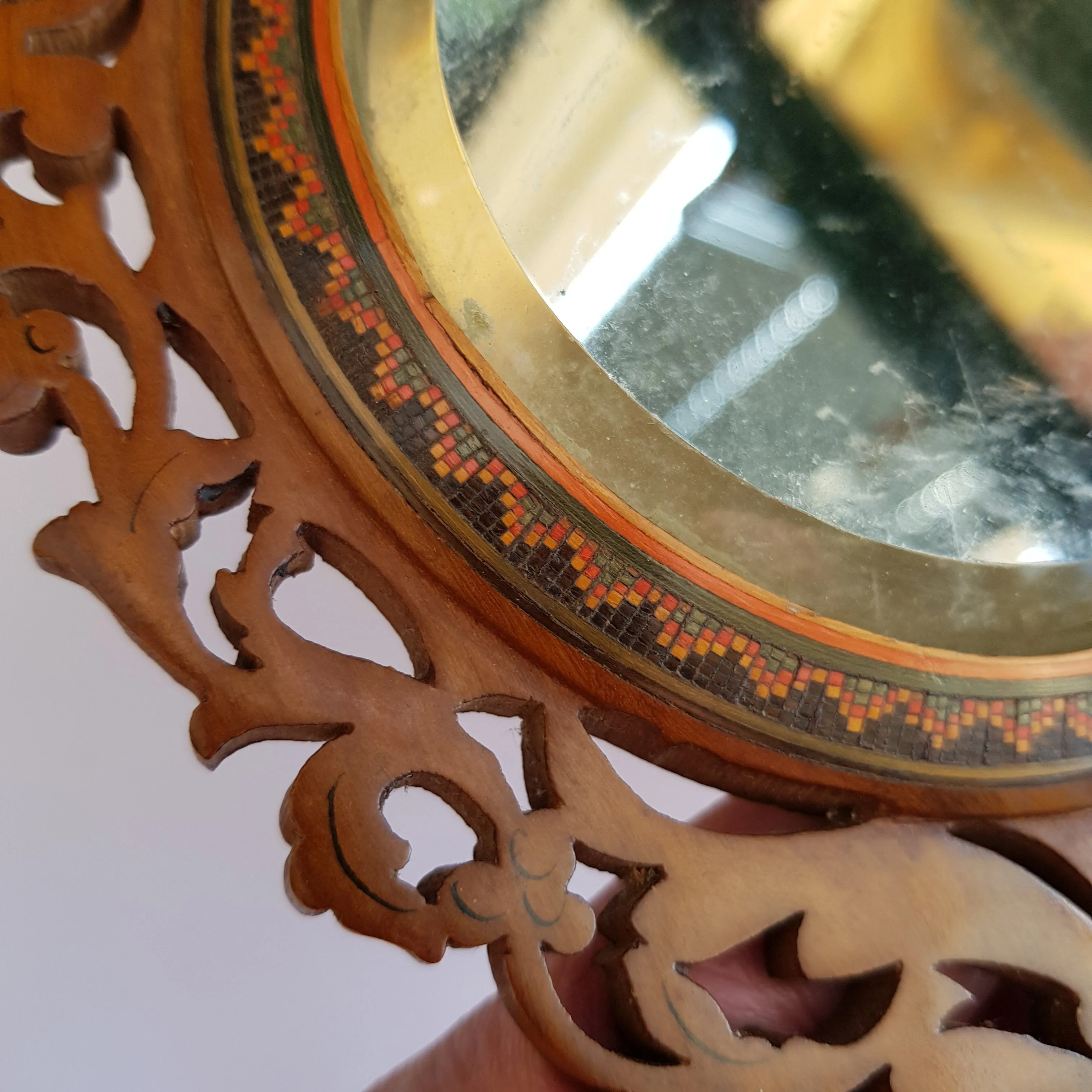 Superb Inlaid Carved Olivewood Sorrento Hand Mirror Antique Italy circa 1900