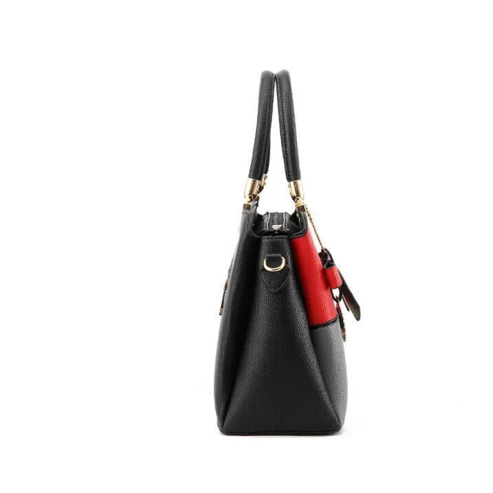 Three Color Combo Faux-Leather Tote Shoulder Bag with a Solar Symbol Tassel