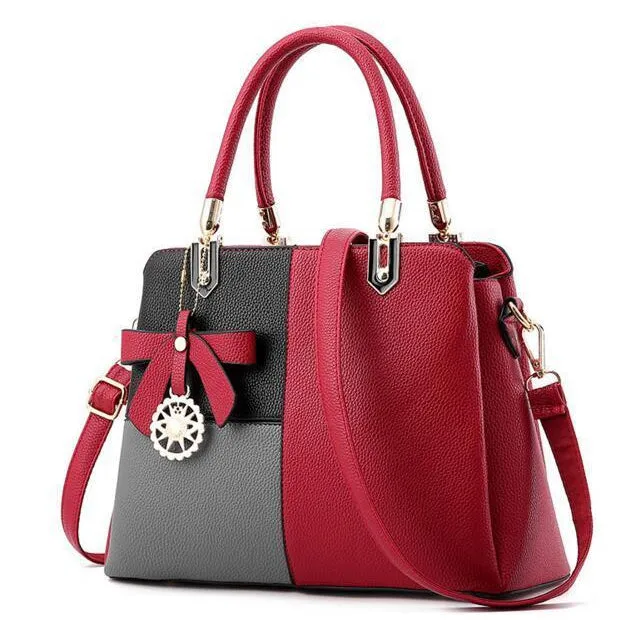 Three Color Combo Faux-Leather Tote Shoulder Bag with a Solar Symbol Tassel