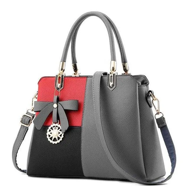 Three Color Combo Faux-Leather Tote Shoulder Bag with a Solar Symbol Tassel