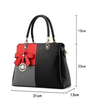 Three Color Combo Faux-Leather Tote Shoulder Bag with a Solar Symbol Tassel