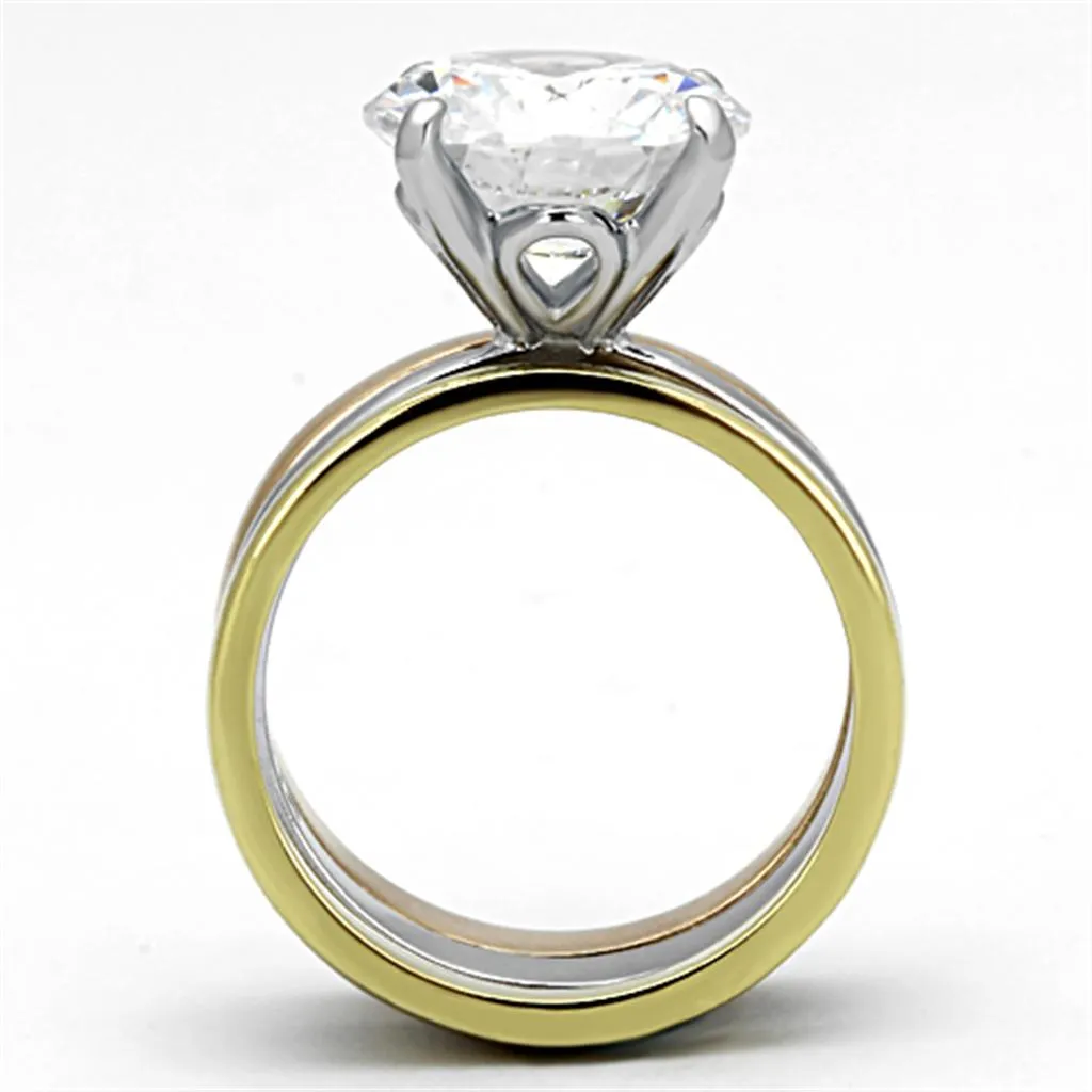 Three Tone IP Gold & IP Rose Gold & High Polished) Stainless Steel Ring with AAA Grade CZ in Clear for Women Style TK963