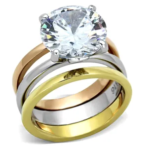 Three Tone IP Gold & IP Rose Gold & High Polished) Stainless Steel Ring with AAA Grade CZ in Clear for Women Style TK963