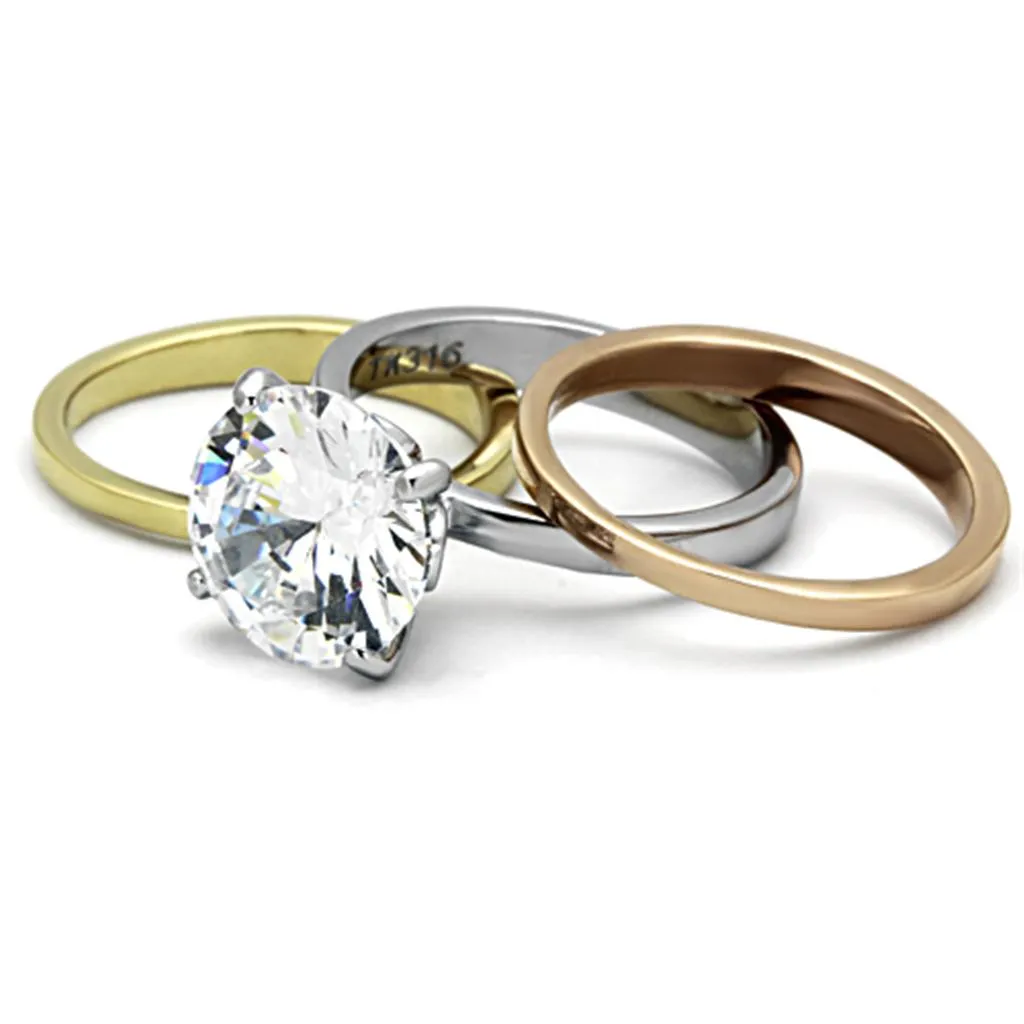 Three Tone IP Gold & IP Rose Gold & High Polished) Stainless Steel Ring with AAA Grade CZ in Clear for Women Style TK963
