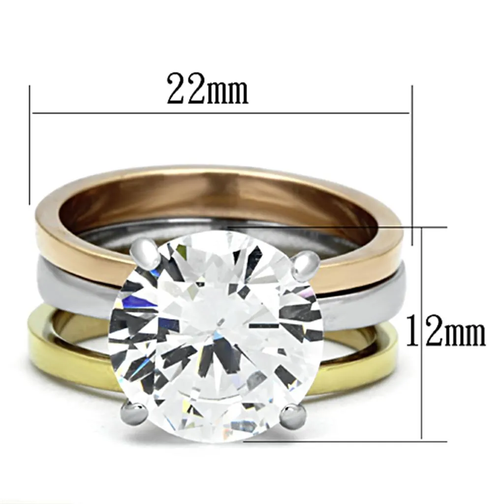 Three Tone IP Gold & IP Rose Gold & High Polished) Stainless Steel Ring with AAA Grade CZ in Clear for Women Style TK963