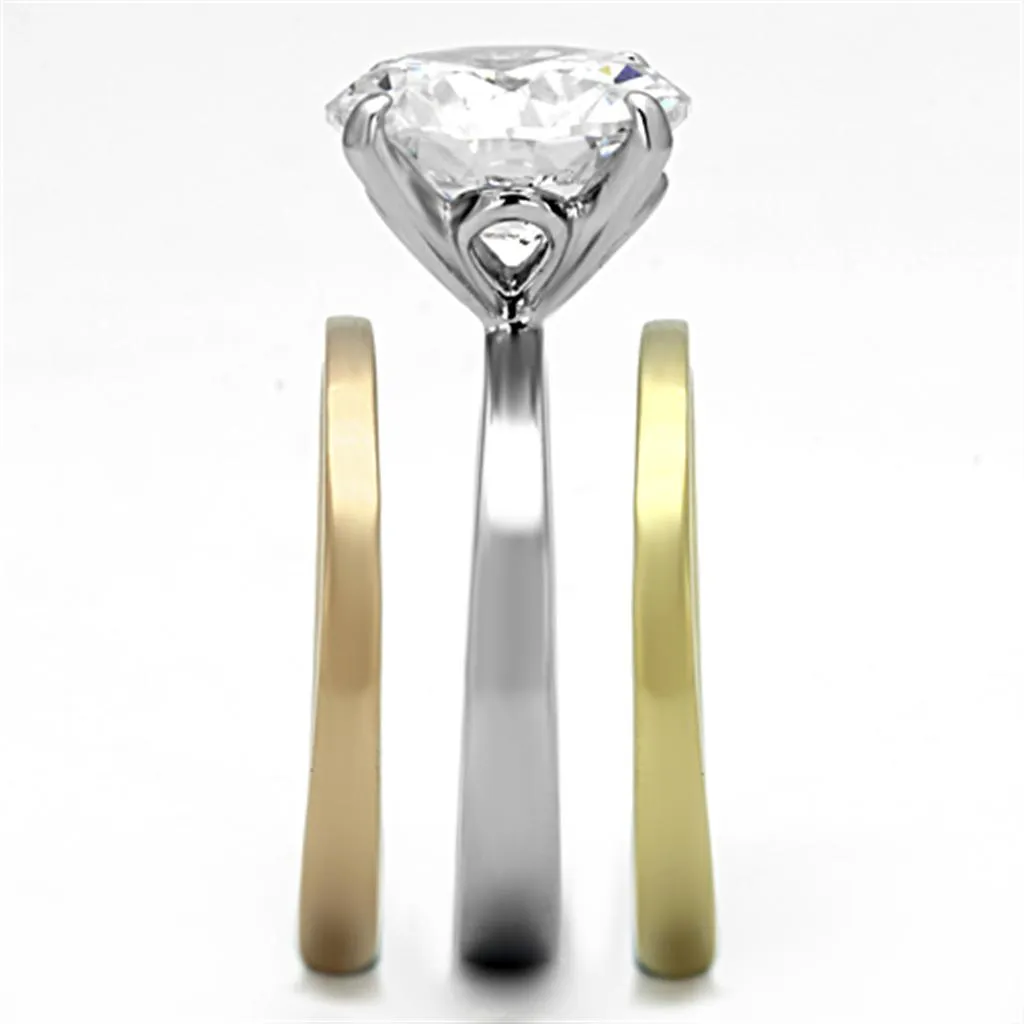 Three Tone IP Gold & IP Rose Gold & High Polished) Stainless Steel Ring with AAA Grade CZ in Clear for Women Style TK963