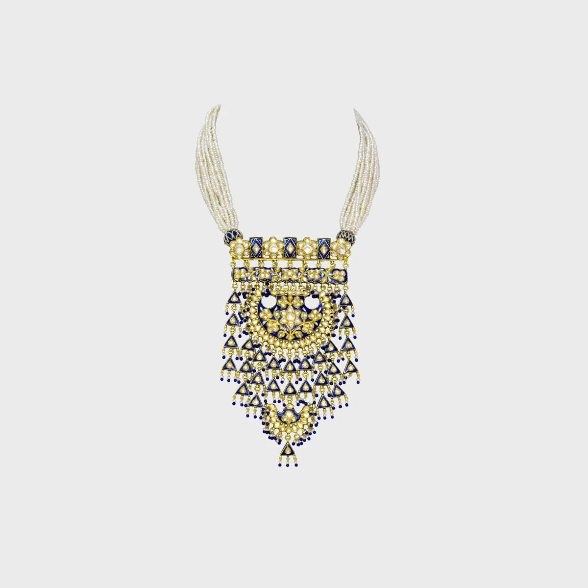Traditional Blue Meena Tewata Style Long Necklace with Pearls and Blue Meena Jhoomki Pair, Enhanced with Uncut Diamonds - (KMNE3394)
