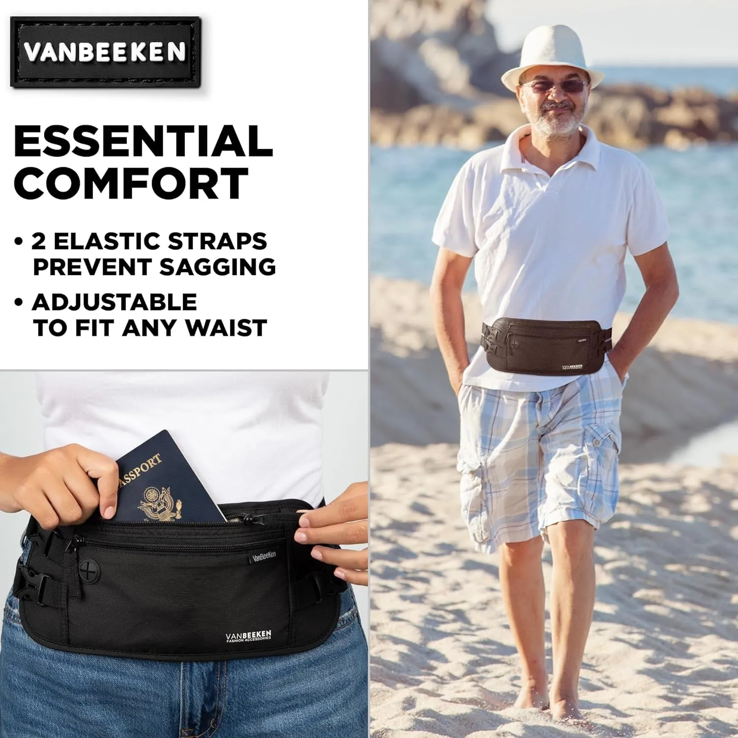 VAN BEEKEN Money Belt - RFID Passport Holder Men, Travel Wallet, Money Belt for Travel for Men & Women Hidden, Travel Fanny Pack, Anti-Theft Travel Money Belt under Clothes, Money Pouch & Passport Bag