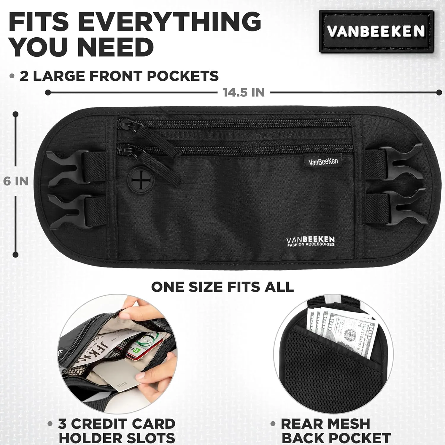 VAN BEEKEN Money Belt - RFID Passport Holder Men, Travel Wallet, Money Belt for Travel for Men & Women Hidden, Travel Fanny Pack, Anti-Theft Travel Money Belt under Clothes, Money Pouch & Passport Bag