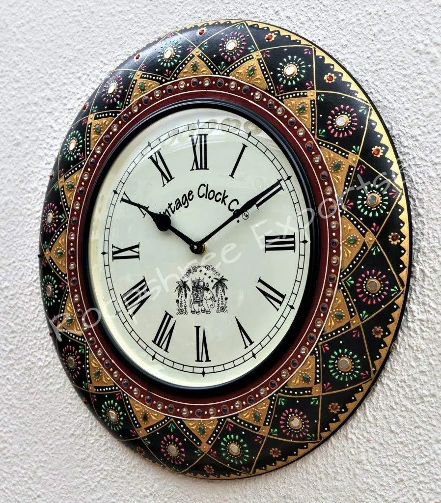 Vintage Clock Wooden Roman Numbers Hand-Painted Wall Analog Clock 1 Year Warranty (16 Inches, Black)