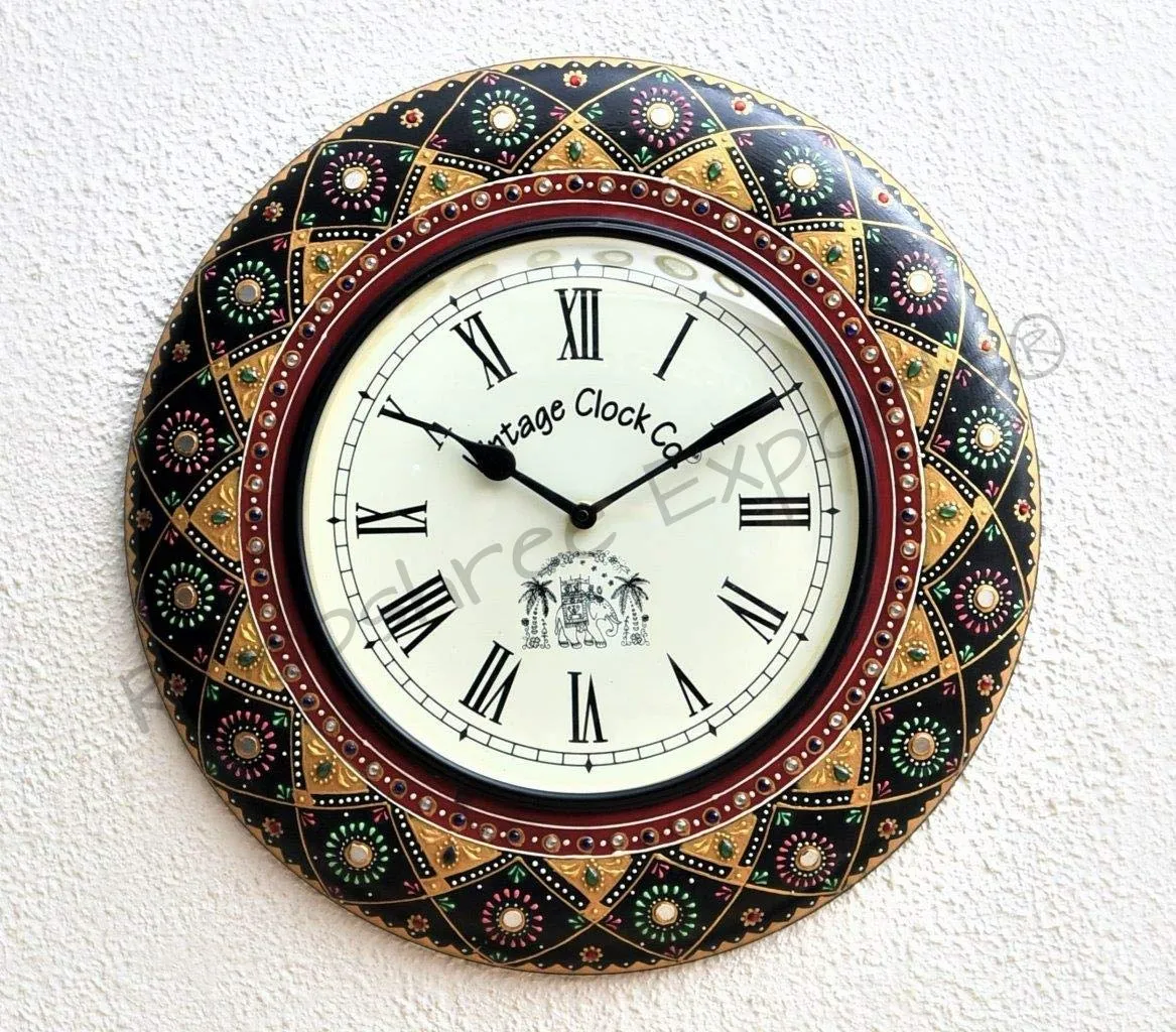 Vintage Clock Wooden Roman Numbers Hand-Painted Wall Analog Clock 1 Year Warranty (16 Inches, Black)