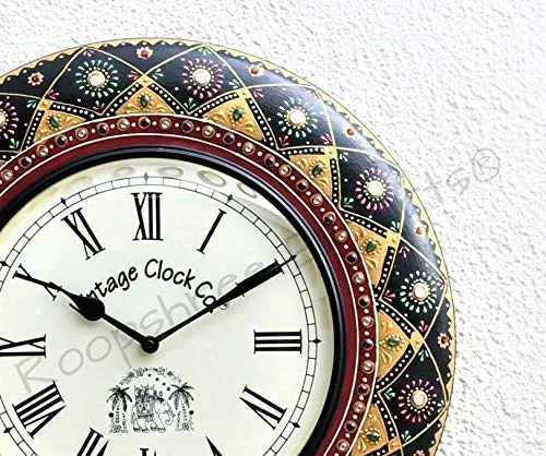 Vintage Clock Wooden Roman Numbers Hand-Painted Wall Analog Clock 1 Year Warranty (16 Inches, Black)