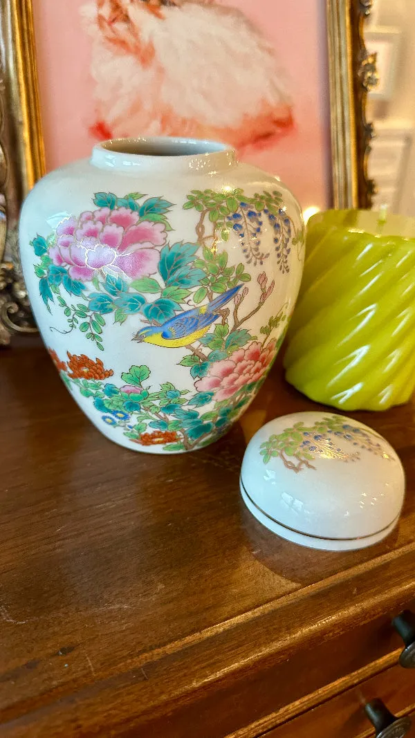 Vintage Ginger Jar, Japan, Floral and Bird Motif