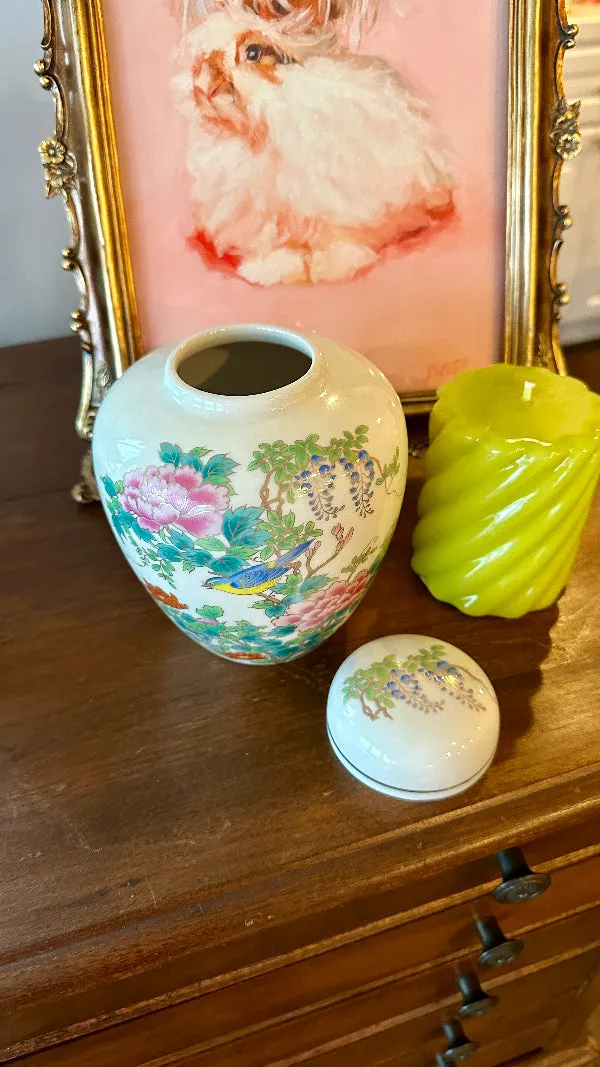 Vintage Ginger Jar, Japan, Floral and Bird Motif