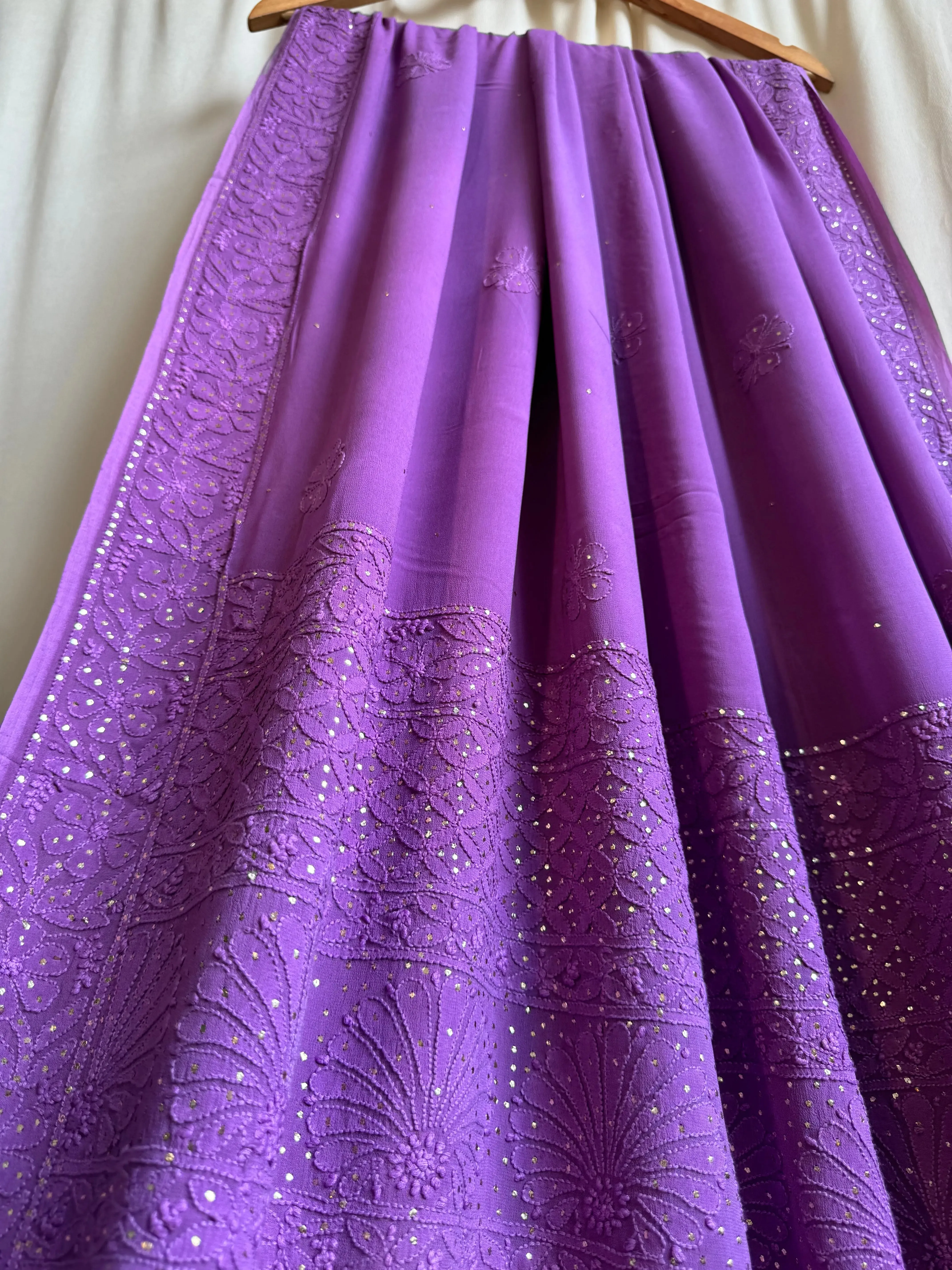 Viscose Deep Lilac Chikankari saree with Mukaish Work