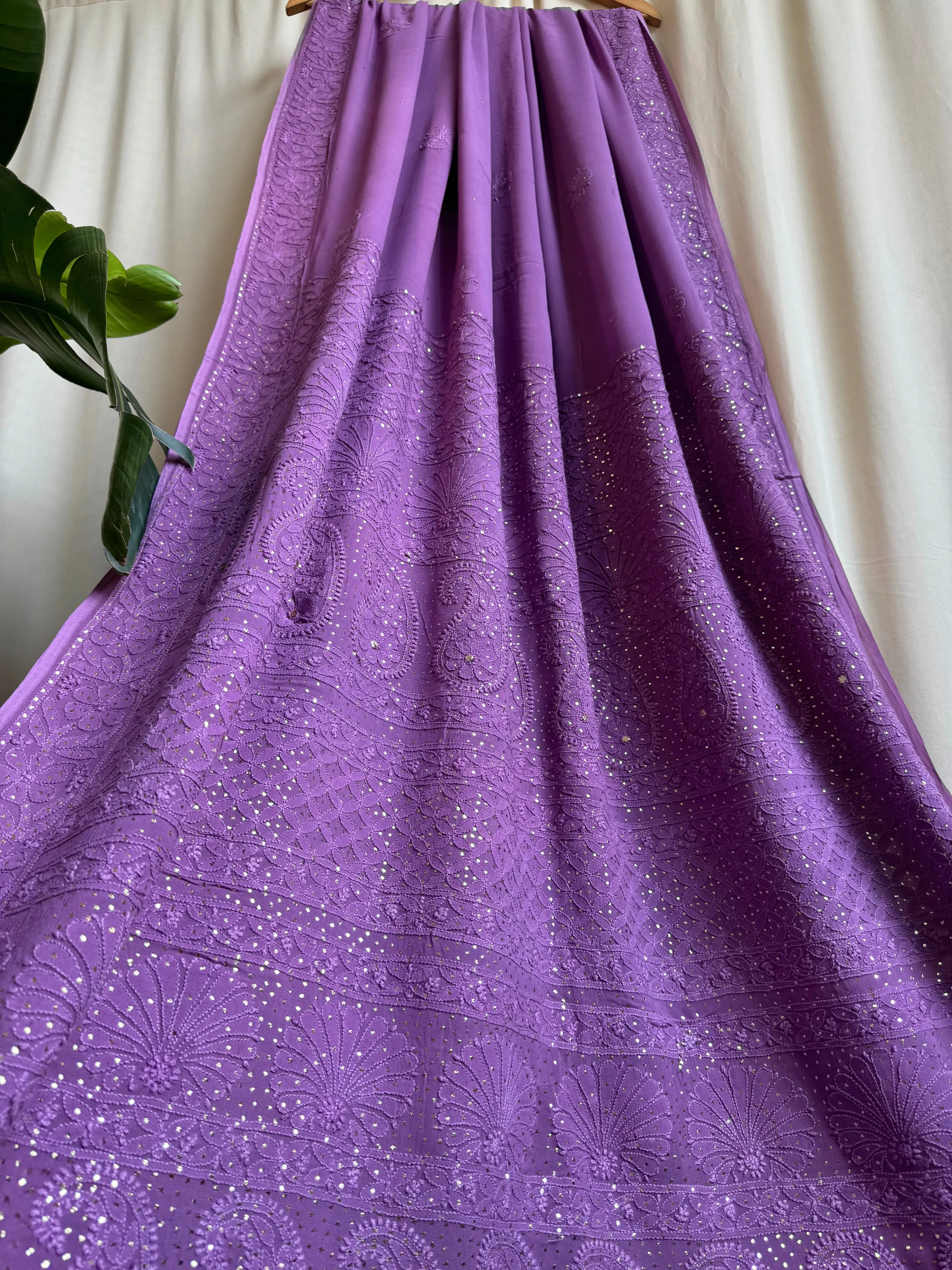 Viscose Deep Lilac Chikankari saree with Mukaish Work
