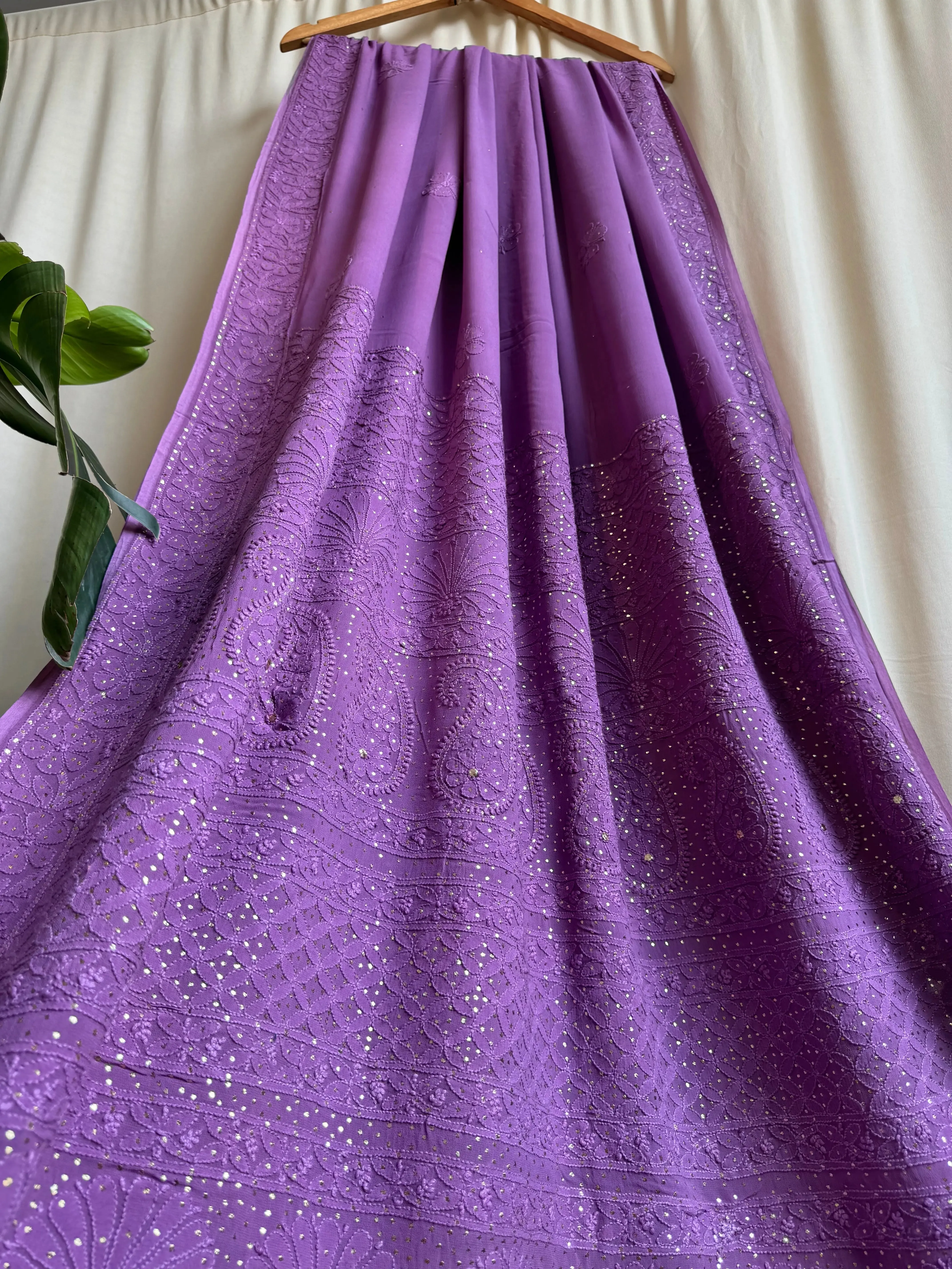 Viscose Deep Lilac Chikankari saree with Mukaish Work