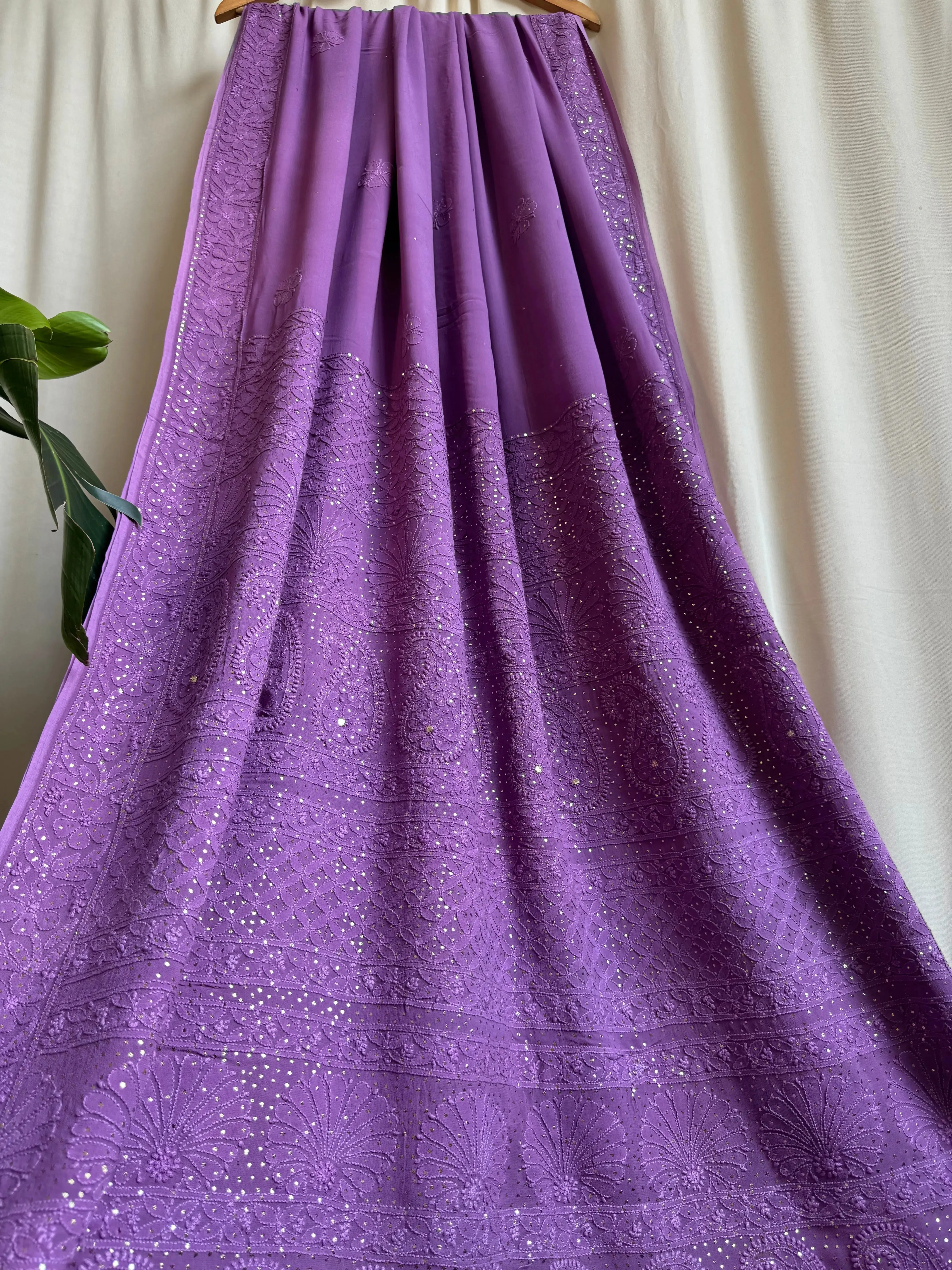 Viscose Deep Lilac Chikankari saree with Mukaish Work