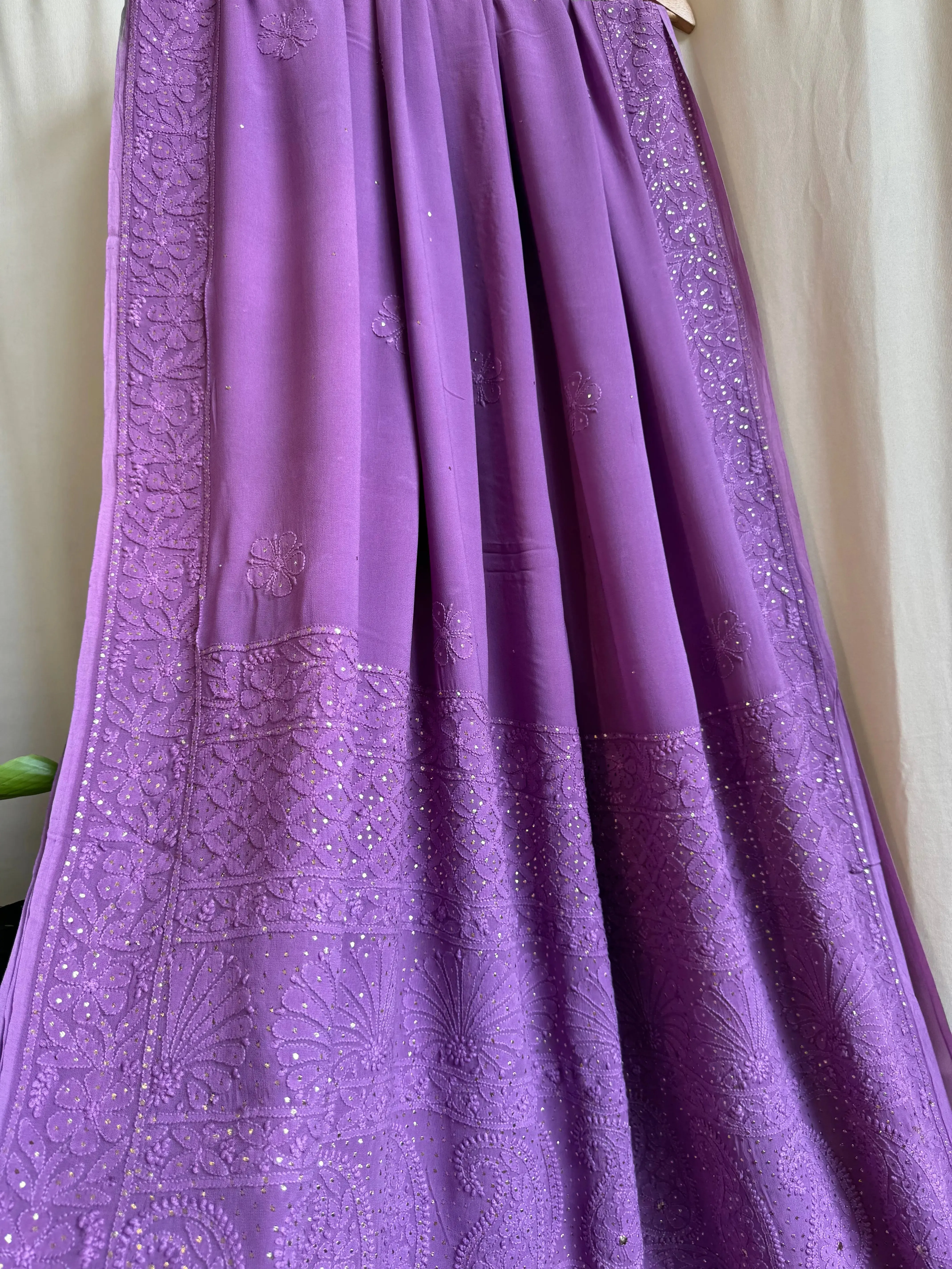 Viscose Deep Lilac Chikankari saree with Mukaish Work