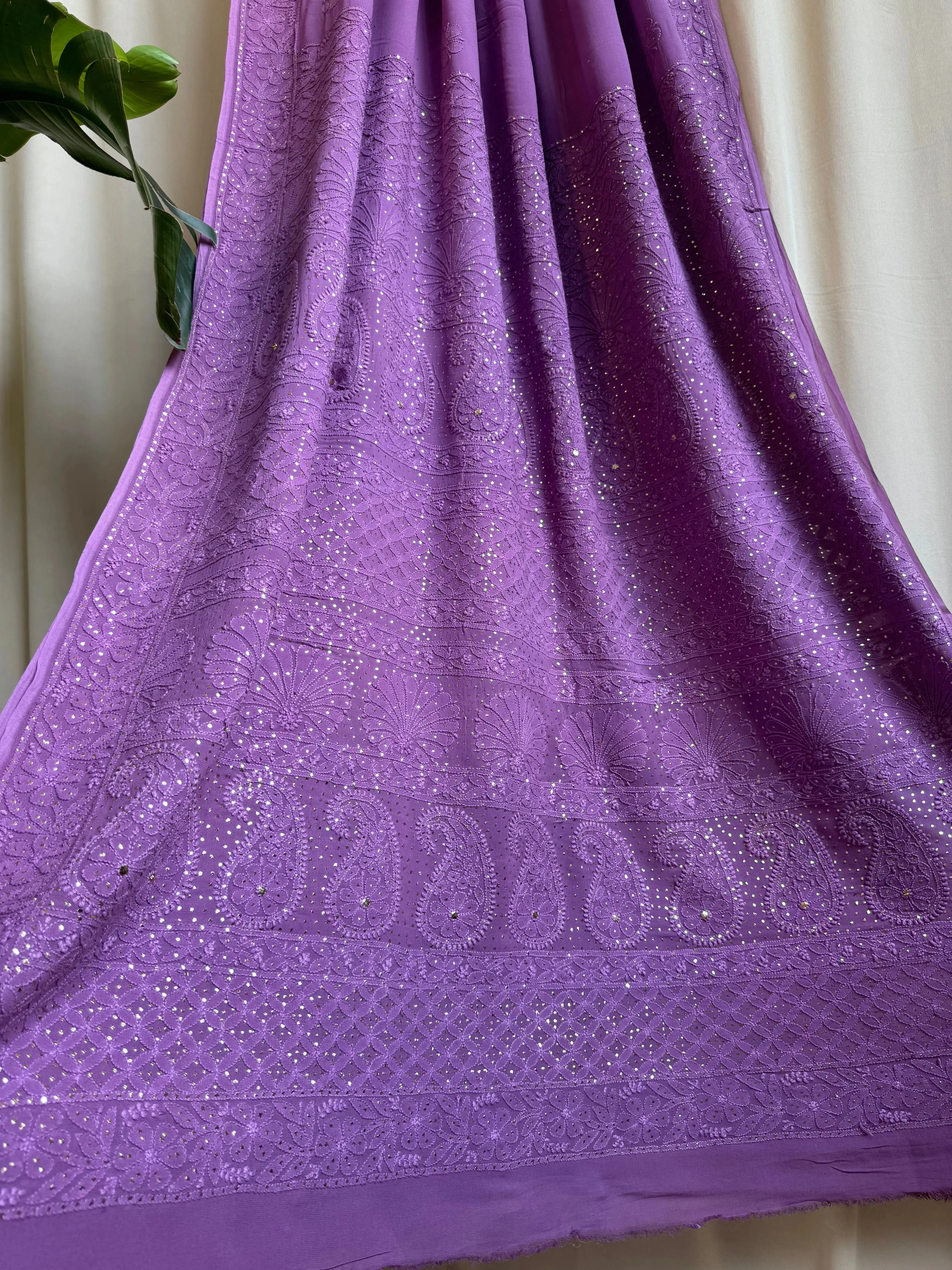 Viscose Deep Lilac Chikankari saree with Mukaish Work