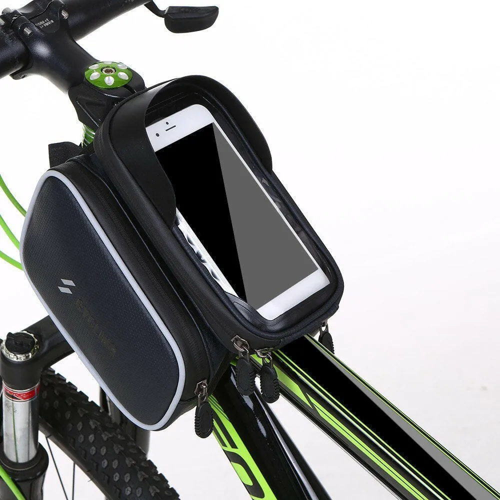 Waterproof Bicycle Frame Bag Double Pouch Bike Top Tube Bag MTB Mountain Bike Cycling Bag Touchscreen Phone Case for 6.0 Inch Cell Phone
