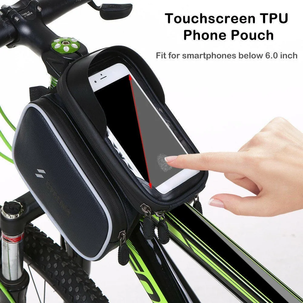 Waterproof Bicycle Frame Bag Double Pouch Bike Top Tube Bag MTB Mountain Bike Cycling Bag Touchscreen Phone Case for 6.0 Inch Cell Phone