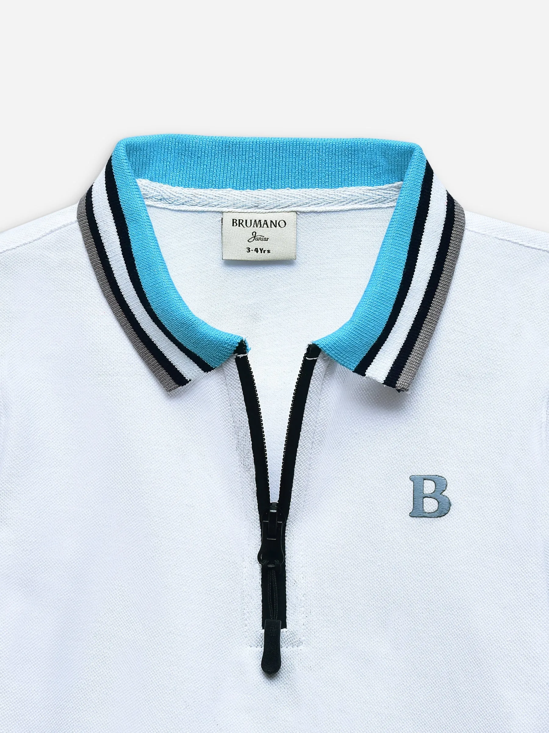 White Pique Zipper Polo With Contrasting Collar