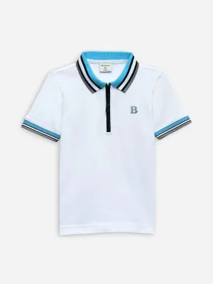 White Pique Zipper Polo With Contrasting Collar