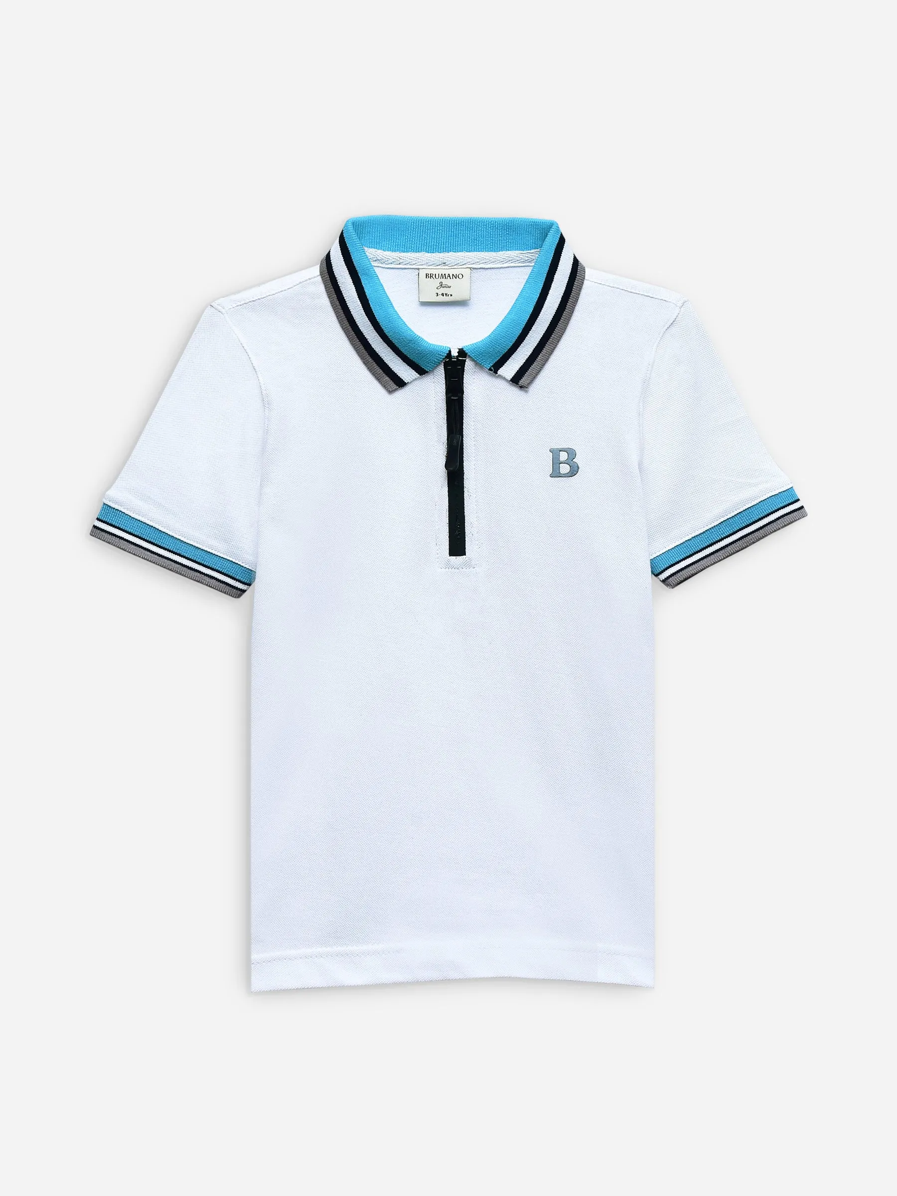White Pique Zipper Polo With Contrasting Collar