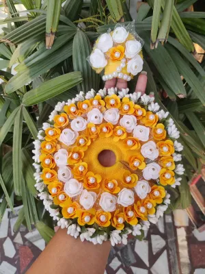 White yellow flowers heavy laddu gopal dress with pagdi
