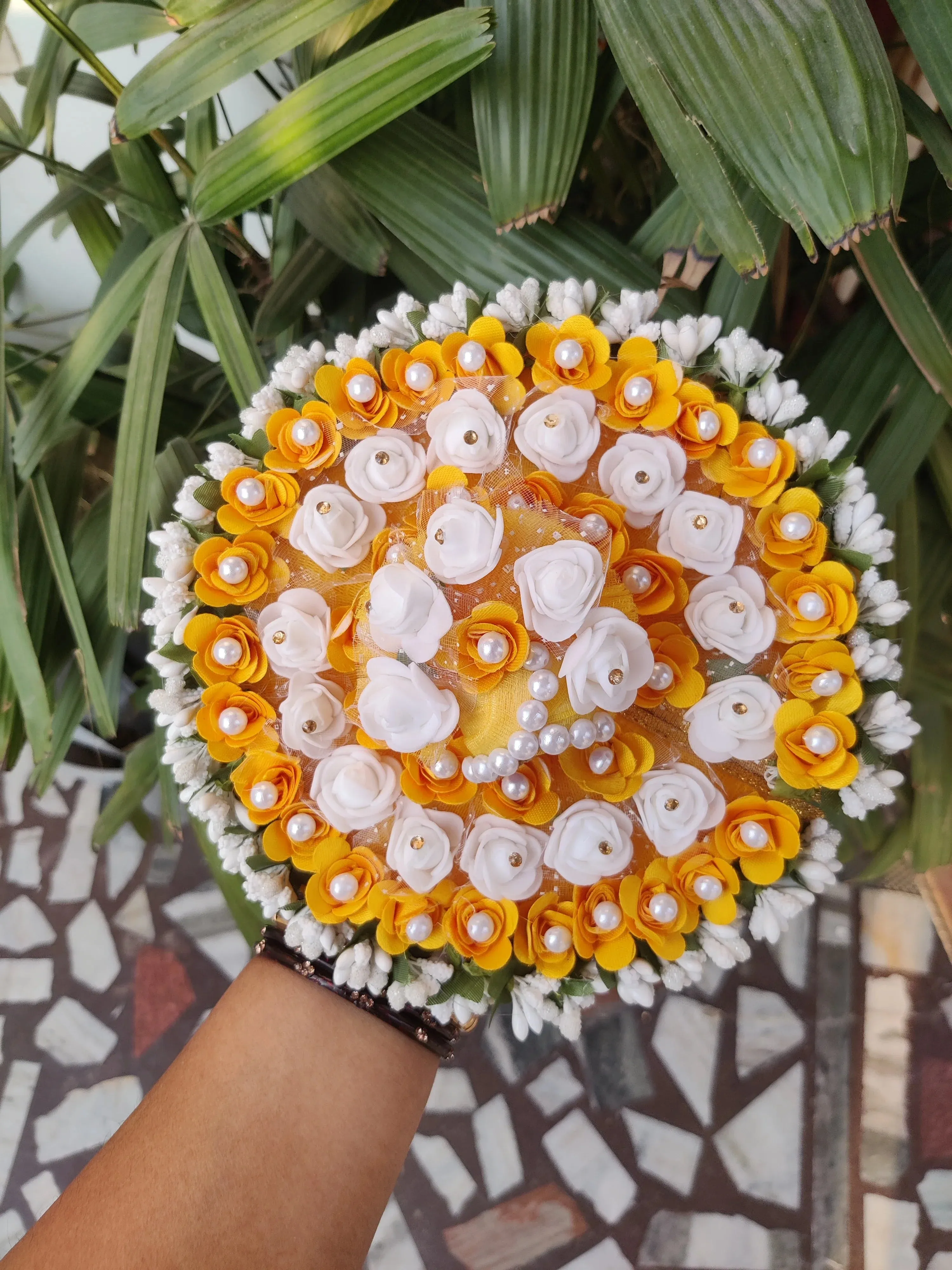 White yellow flowers heavy laddu gopal dress with pagdi